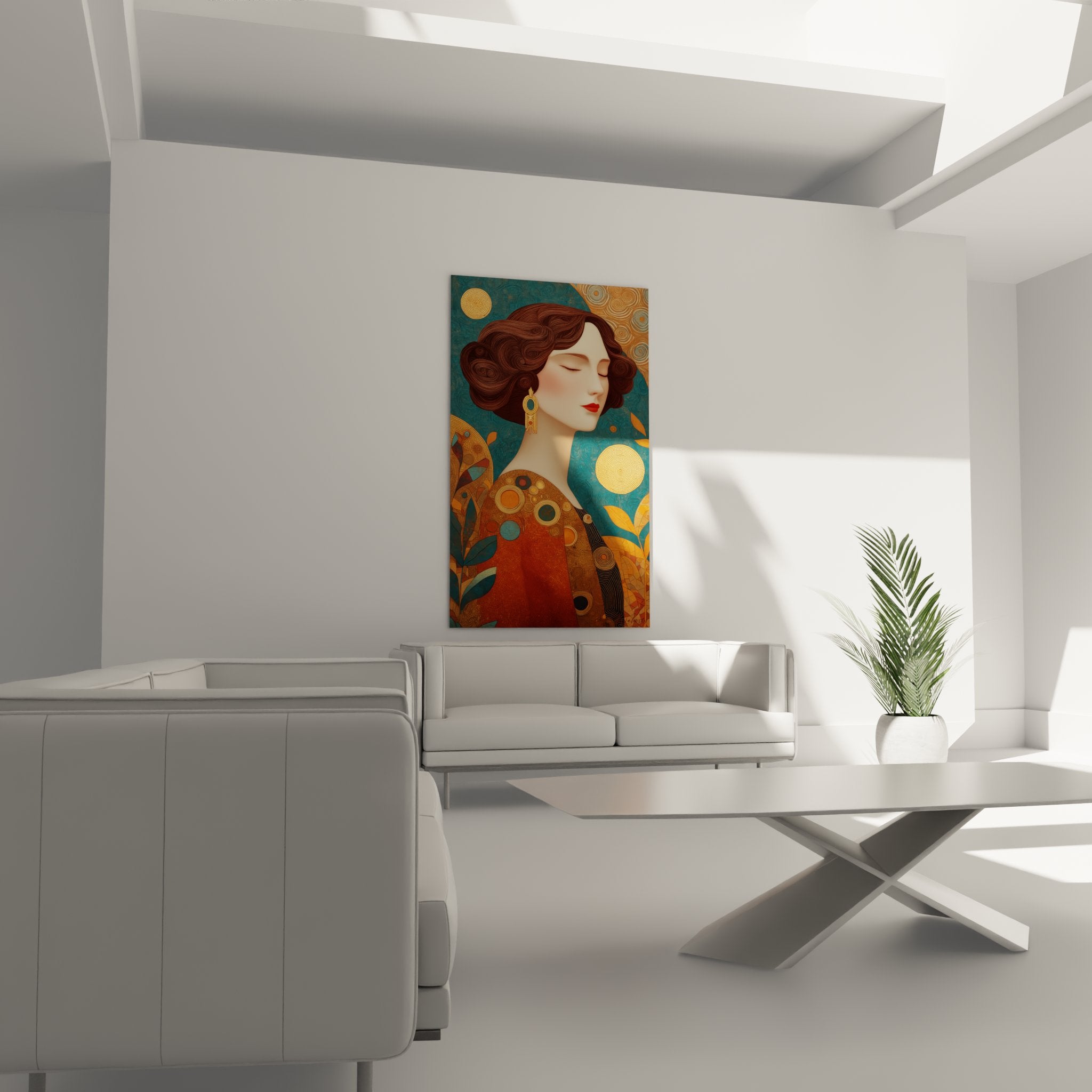 Detail of Art Deco portrait showcasing golden geometric patterns and vintage wavy hairstyle