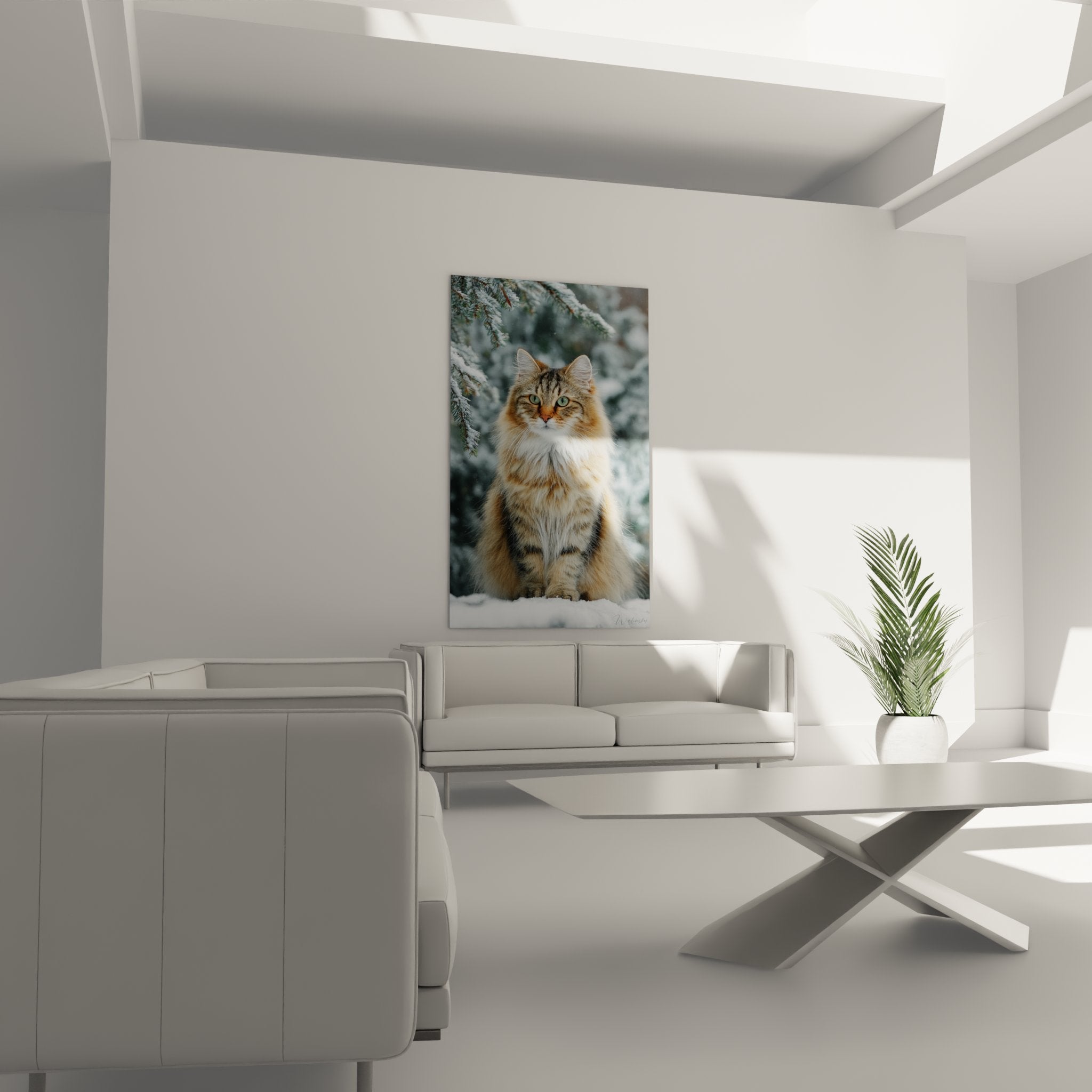 Gros plan portrait chat sibérien aux yeux verts dans décor hivernal, pelage roux détaillé