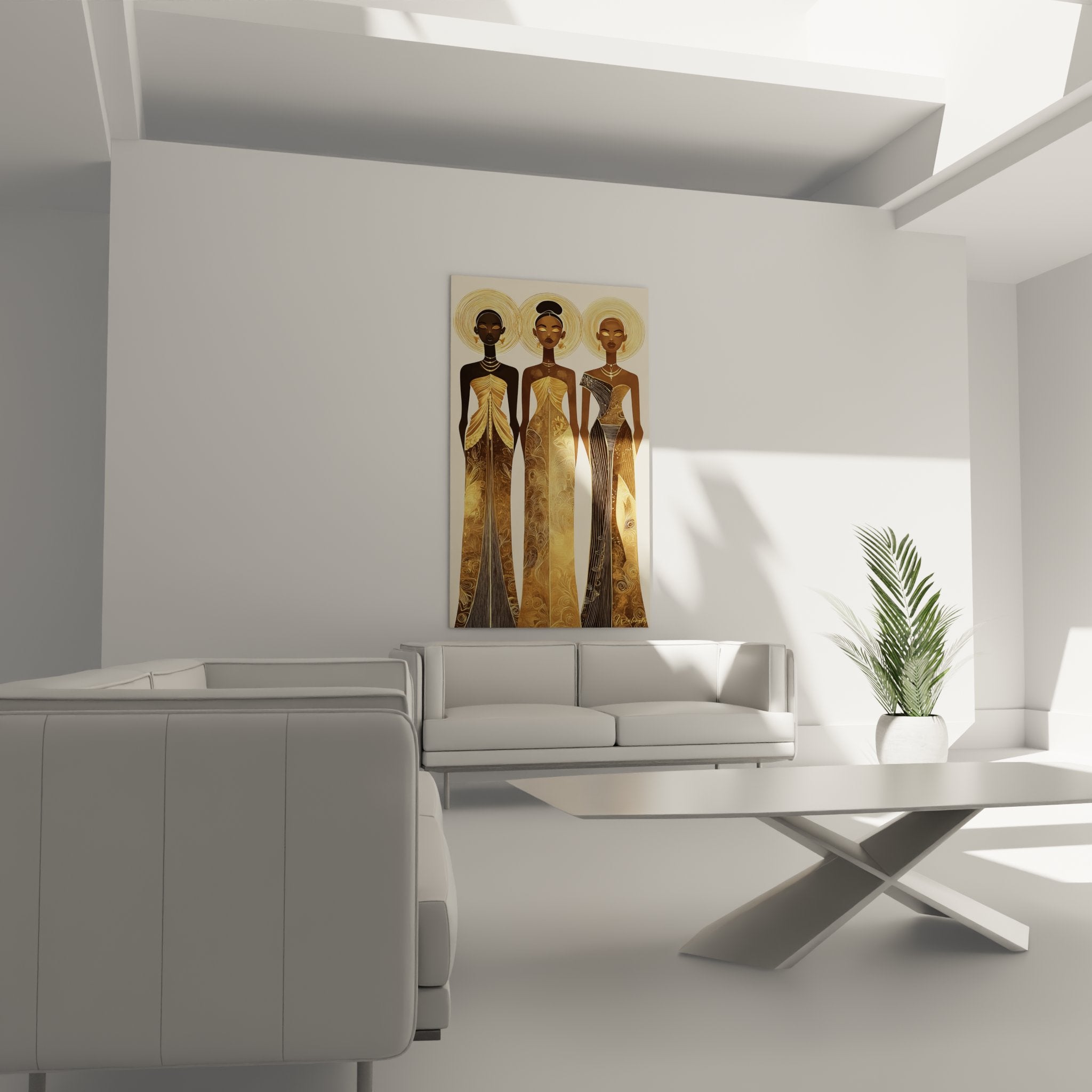 Dettaglio volto donna africana con aureola dorata, gioielli tradizionali e motivi ornamentali etnici