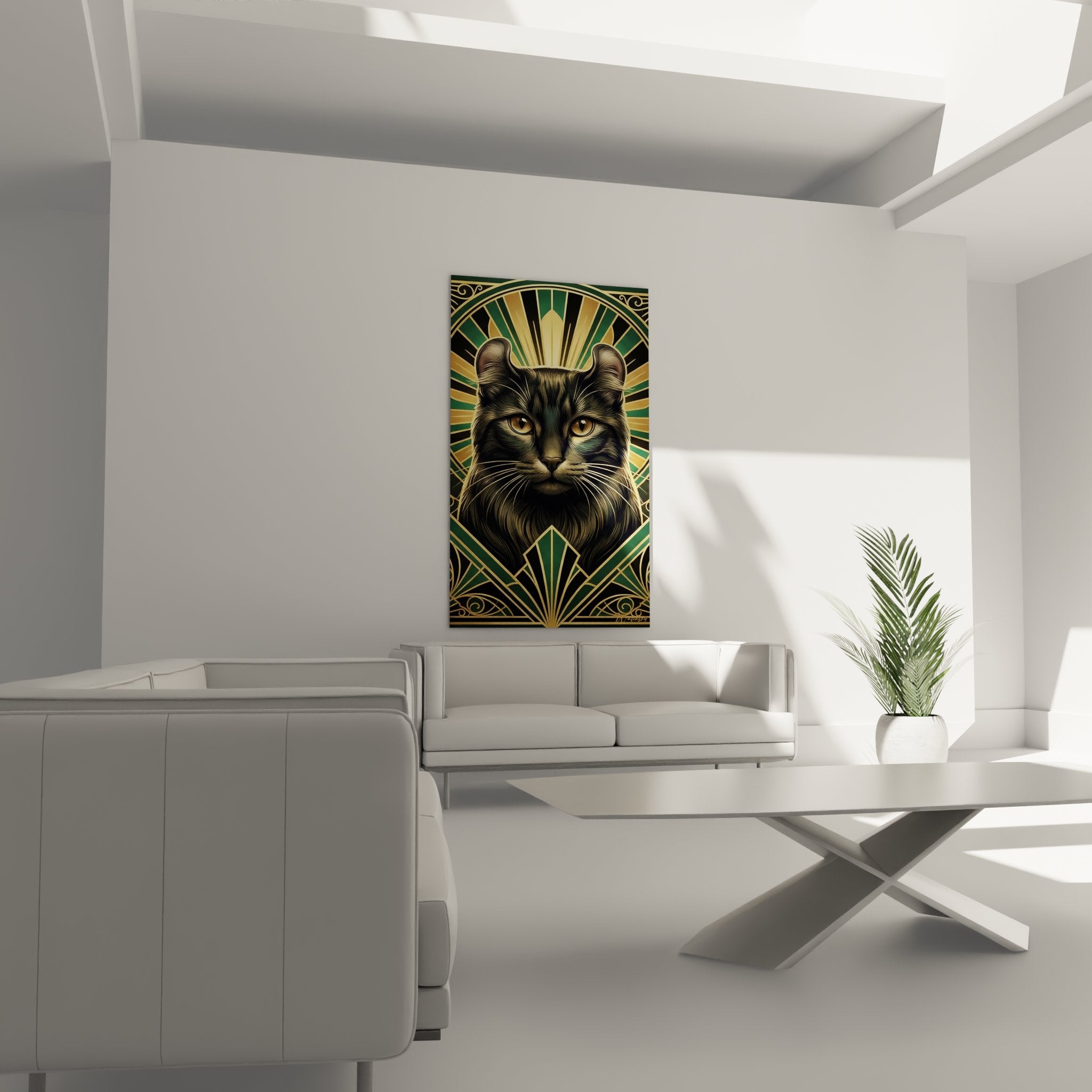 Détail portrait chat American Curl style art déco yeux dorés et motifs géométriques ornementaux