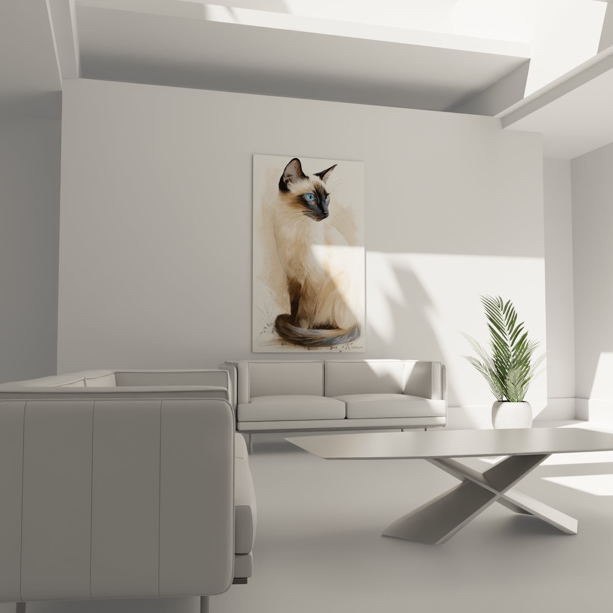 Primo piano ritratto gatto balinese con occhi blu penetranti, dettagli fini del morbido mantello crema e marrone