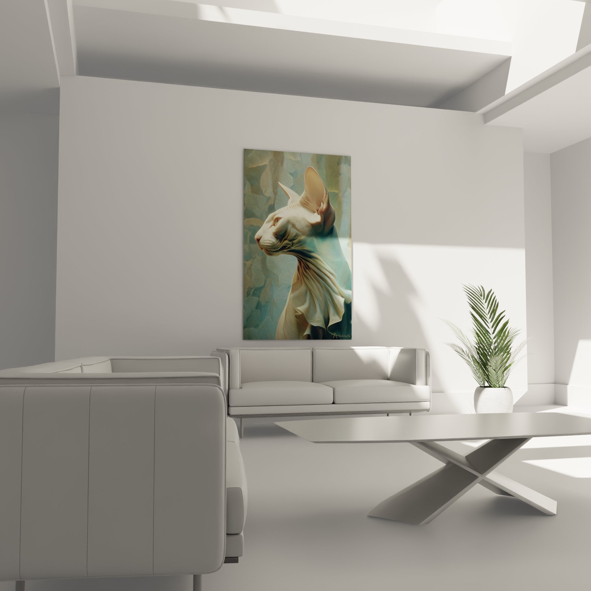 Dettaglio ravvicinato del quadro che mostra la texture della pelle del gatto Sphynx e della stoffa dorata