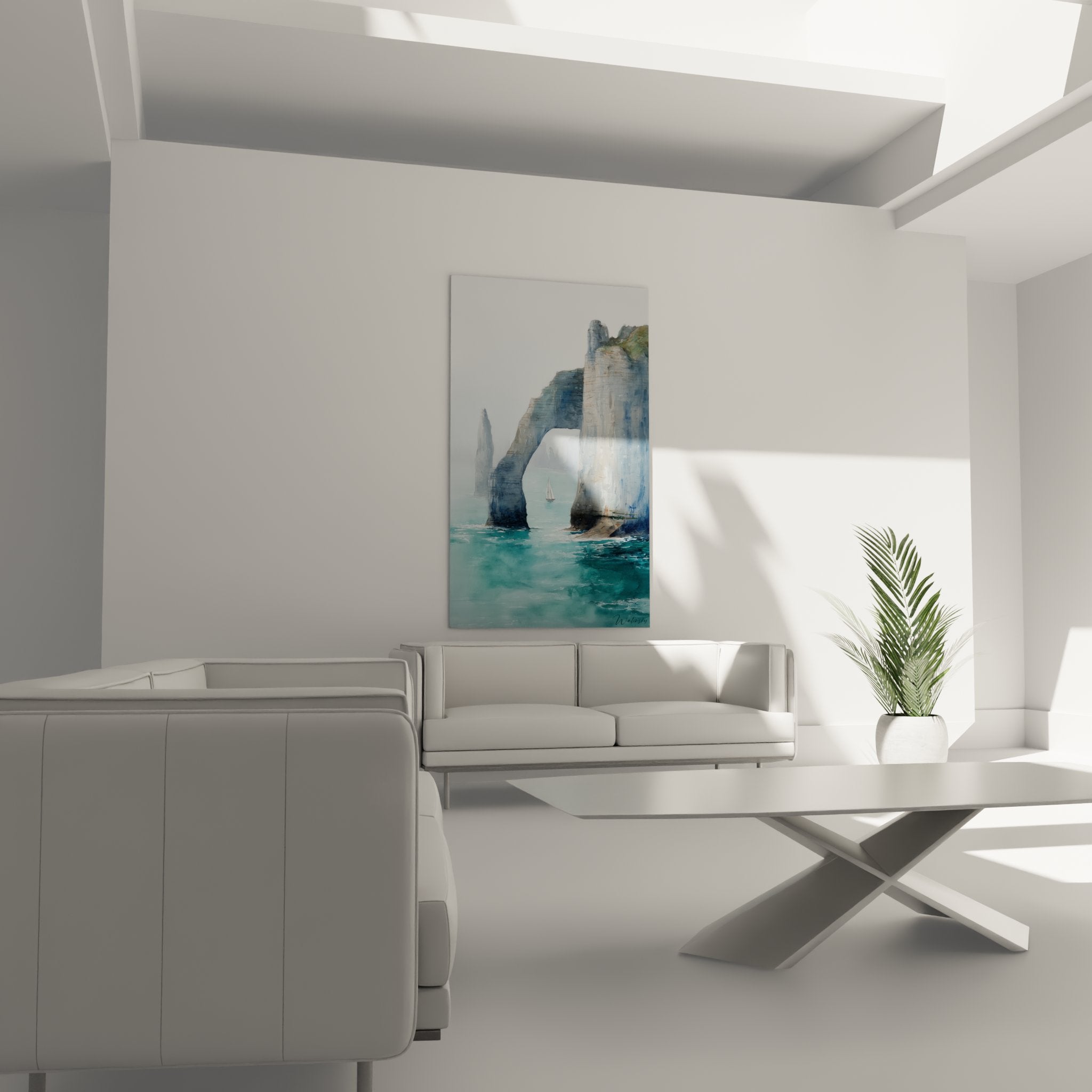 Dettaglio quadro scogliere gesso bianco Etretat, texture pittura arco naturale e riflessi acqua turchese