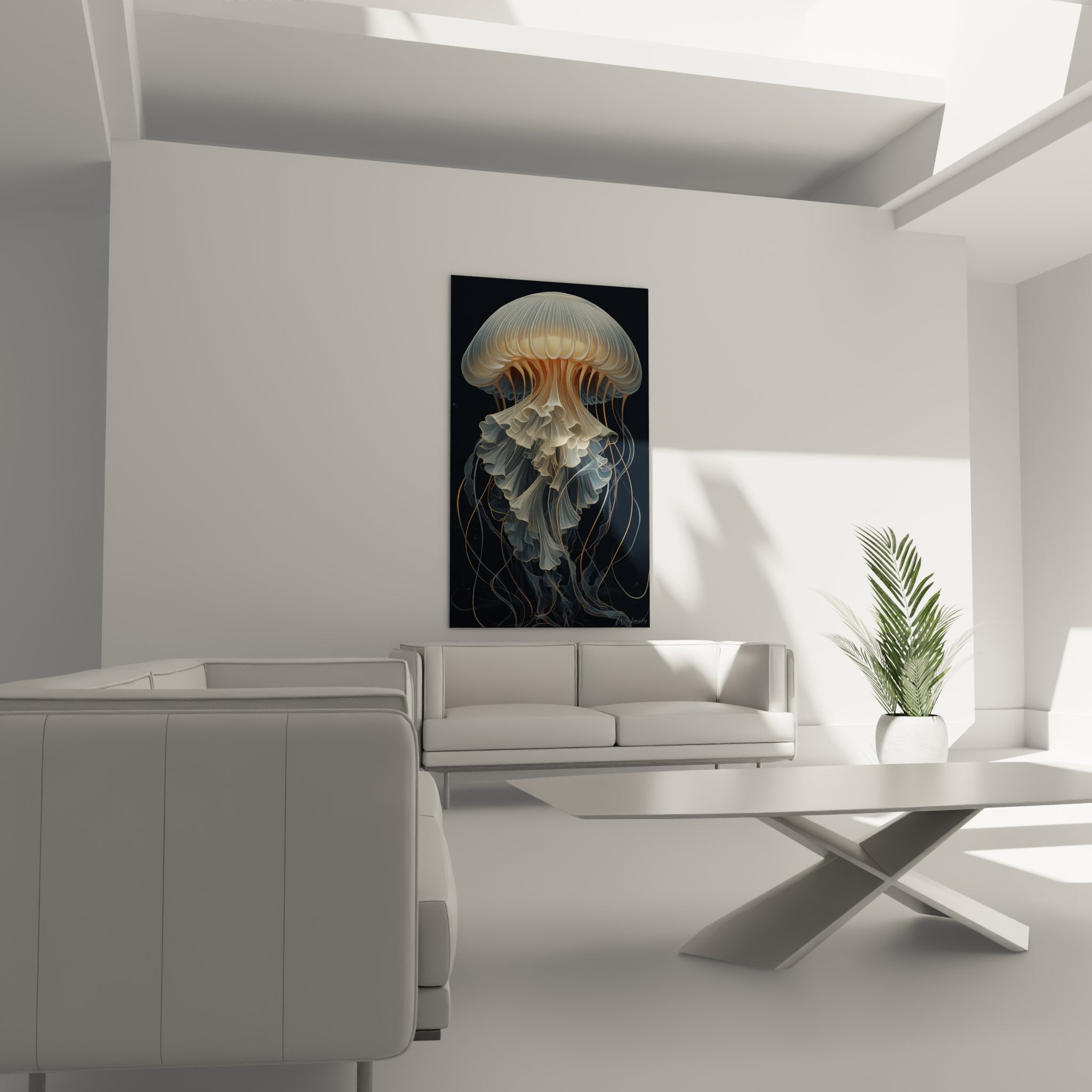Transparent jellyfish detail art deco style, nacre tentacles and golden reflections, refined artistic finish