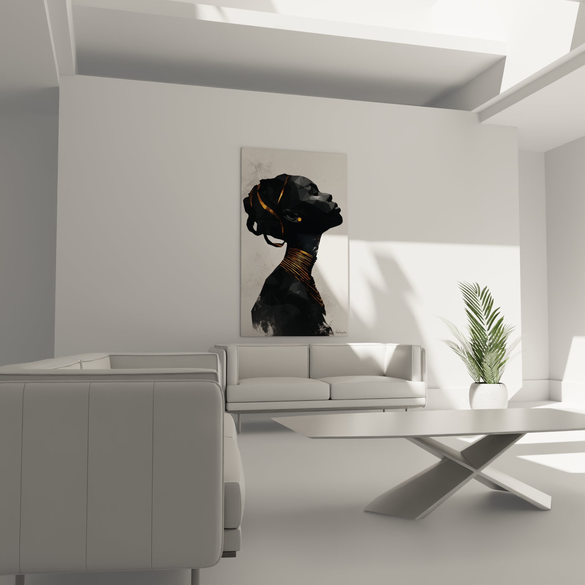 Dettaglio quadro donna africana tecnica geometrica moderna accenti rame dorati ritratto artistico