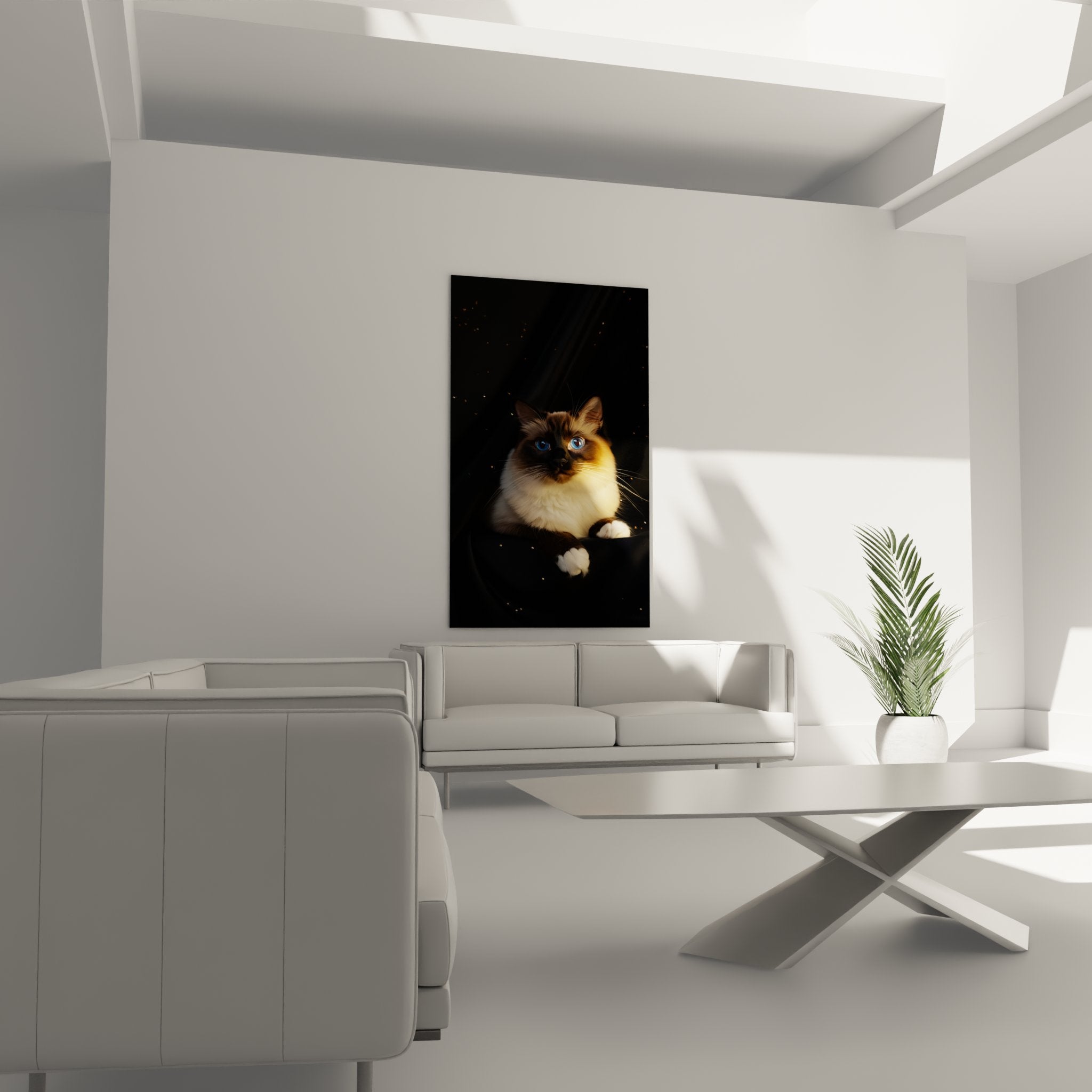 Close-up Birman cat with piercing blue eyes, cream and chocolate coat details, realistic art