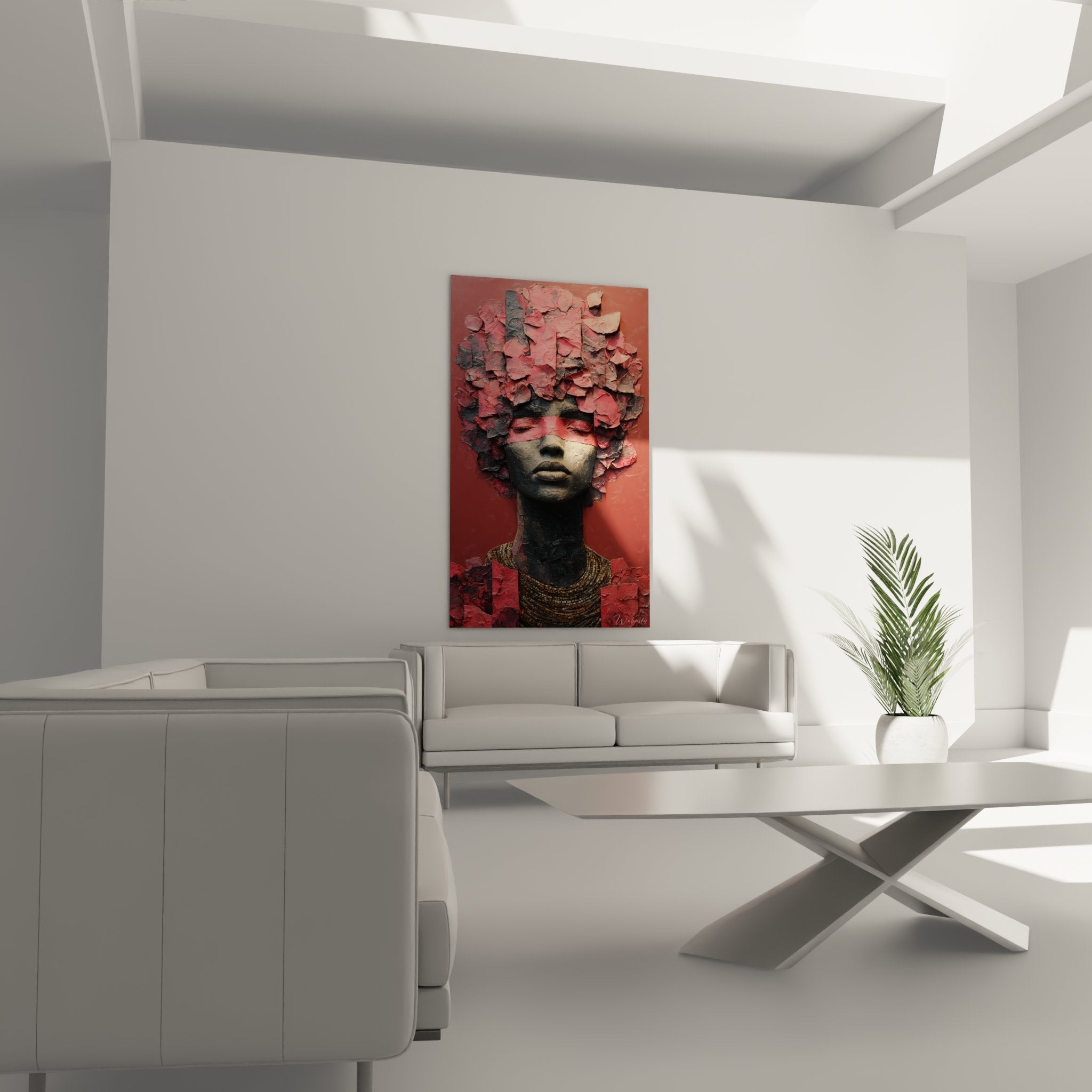 Dettaglio ritratto donna africana, petali corallo in rilievo, collana tradizionale dorata