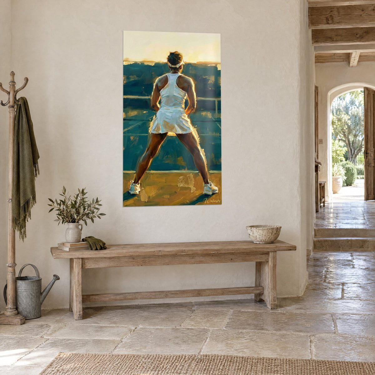 Wall art sporty woman with legs apart in an ivory outfit on an ochre and turquoise court, three-quarter view in a country house