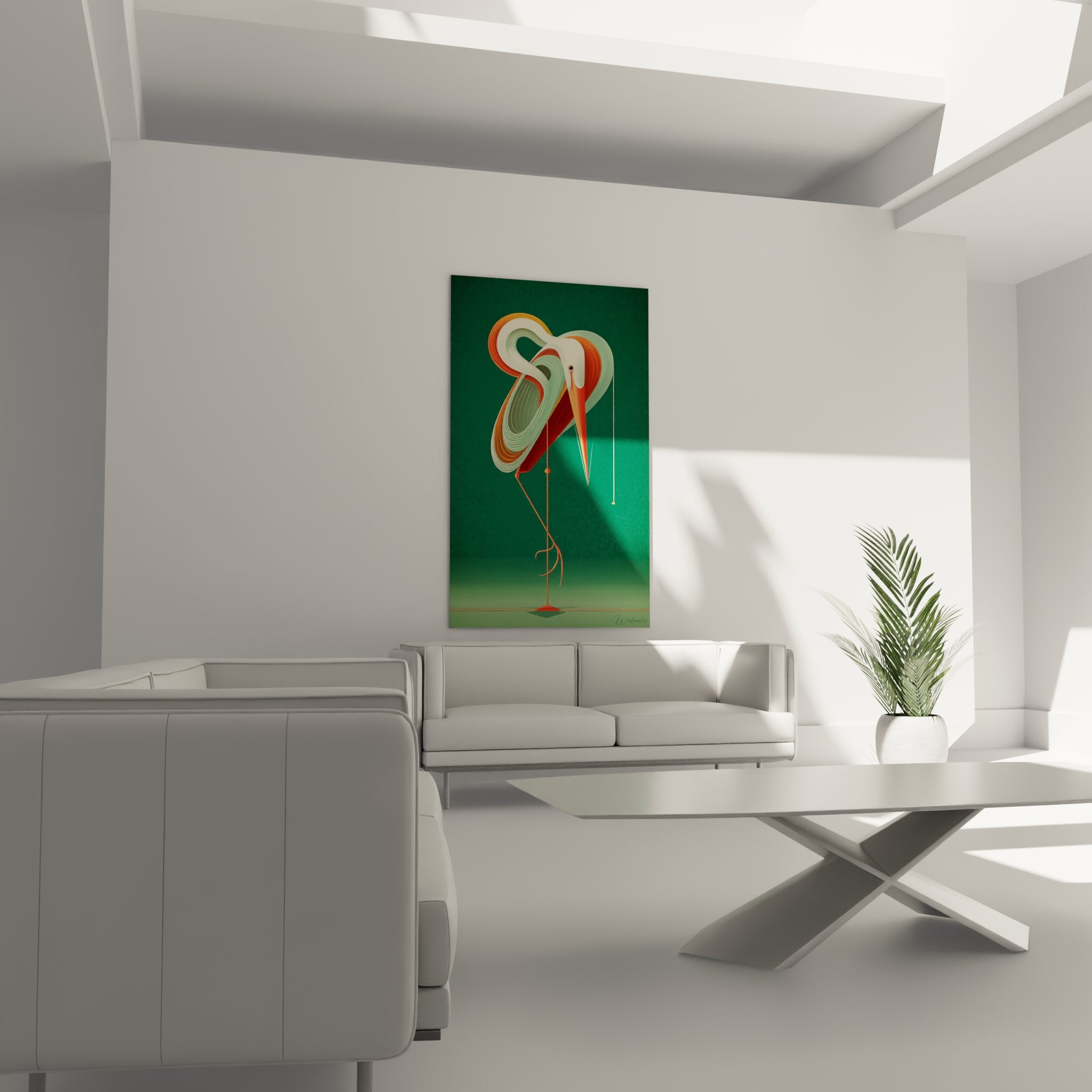Close-up detail of Art Deco heron artwork showcasing concentric curves and sophisticated color gradients