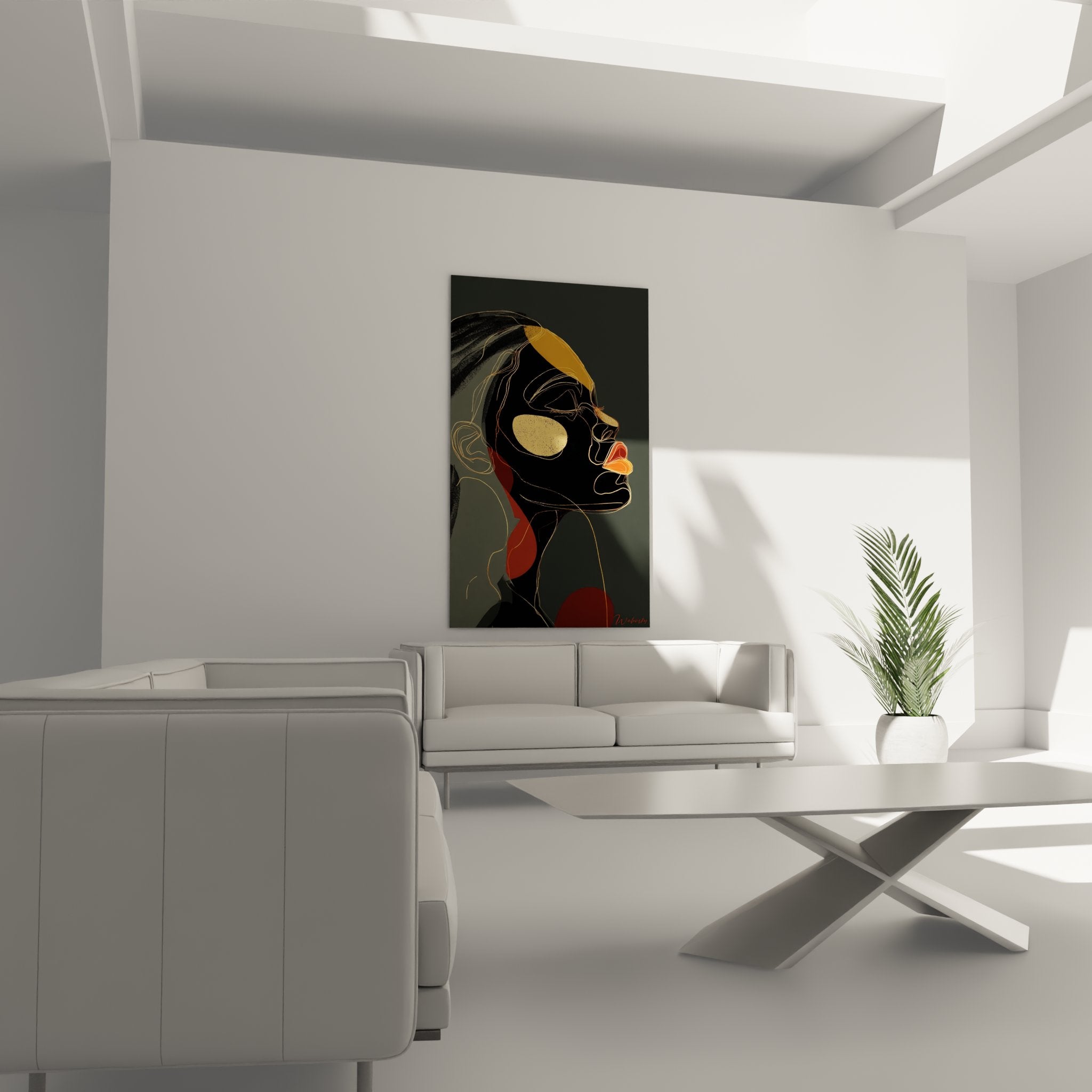 Dettaglio del quadro profilo donna nera che mostra le linee artistiche e i colori ocra dorato