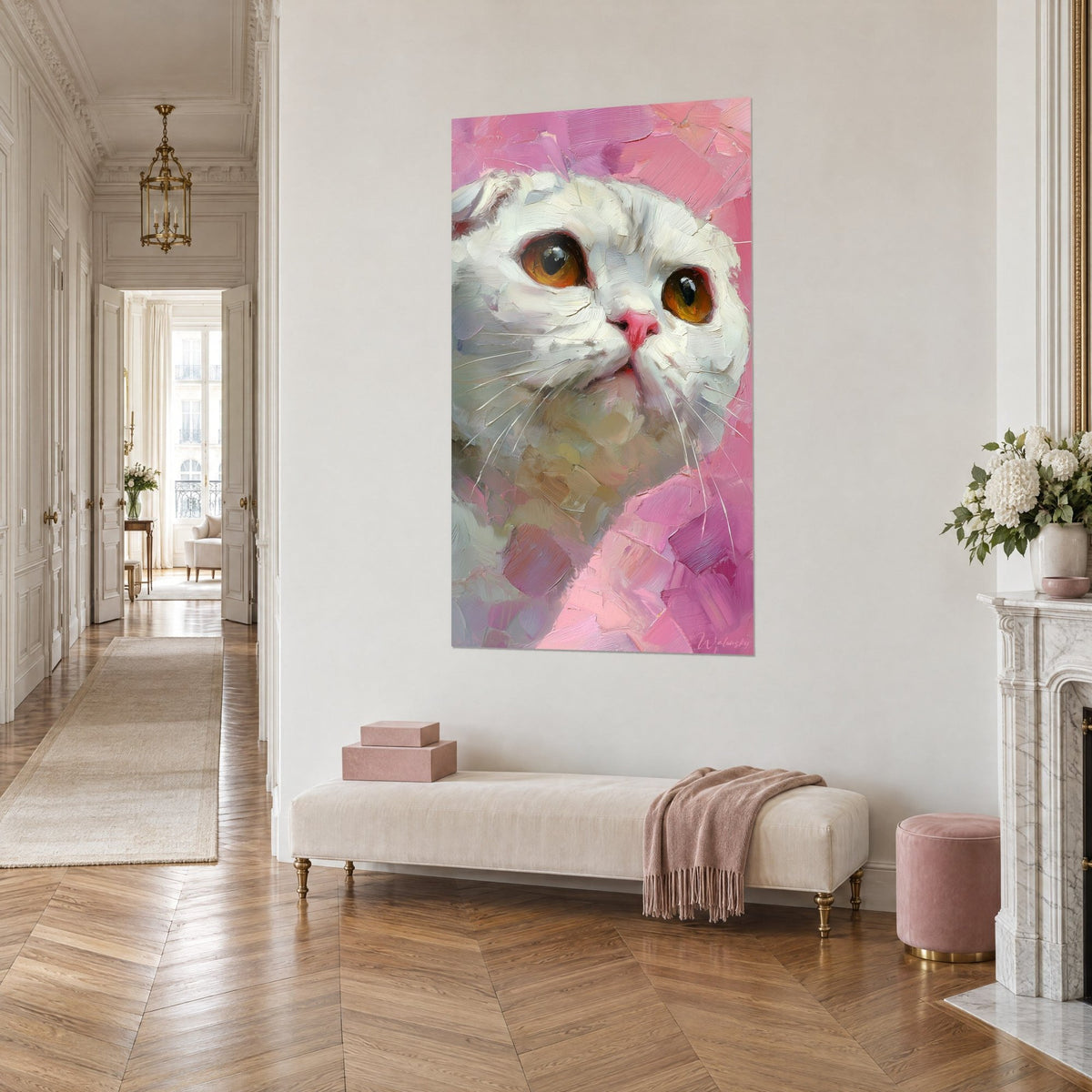 Wall art Scottish Fold with folded ears, ivory coat and soft pink muzzle, in a Haussmann-style hallway