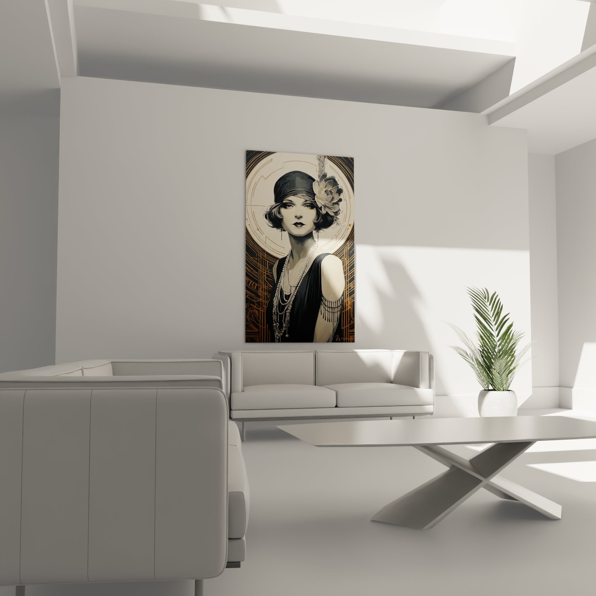 Dettaglio ritratto donna art déco acconciatura bob fiore ornamentale gioielli perle stile retro chic