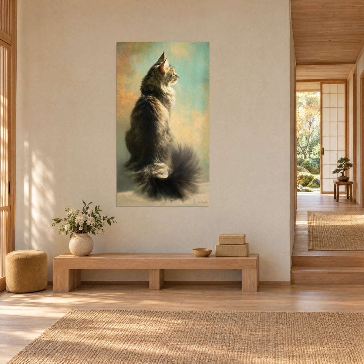 Gemälde majestätische sitzende Katze, buschiger schwarzer Schwanz, Verlauf in Türkis und Ocker, cremefarbene Wand eines Japandi-Flurs im Dreiviertelblick