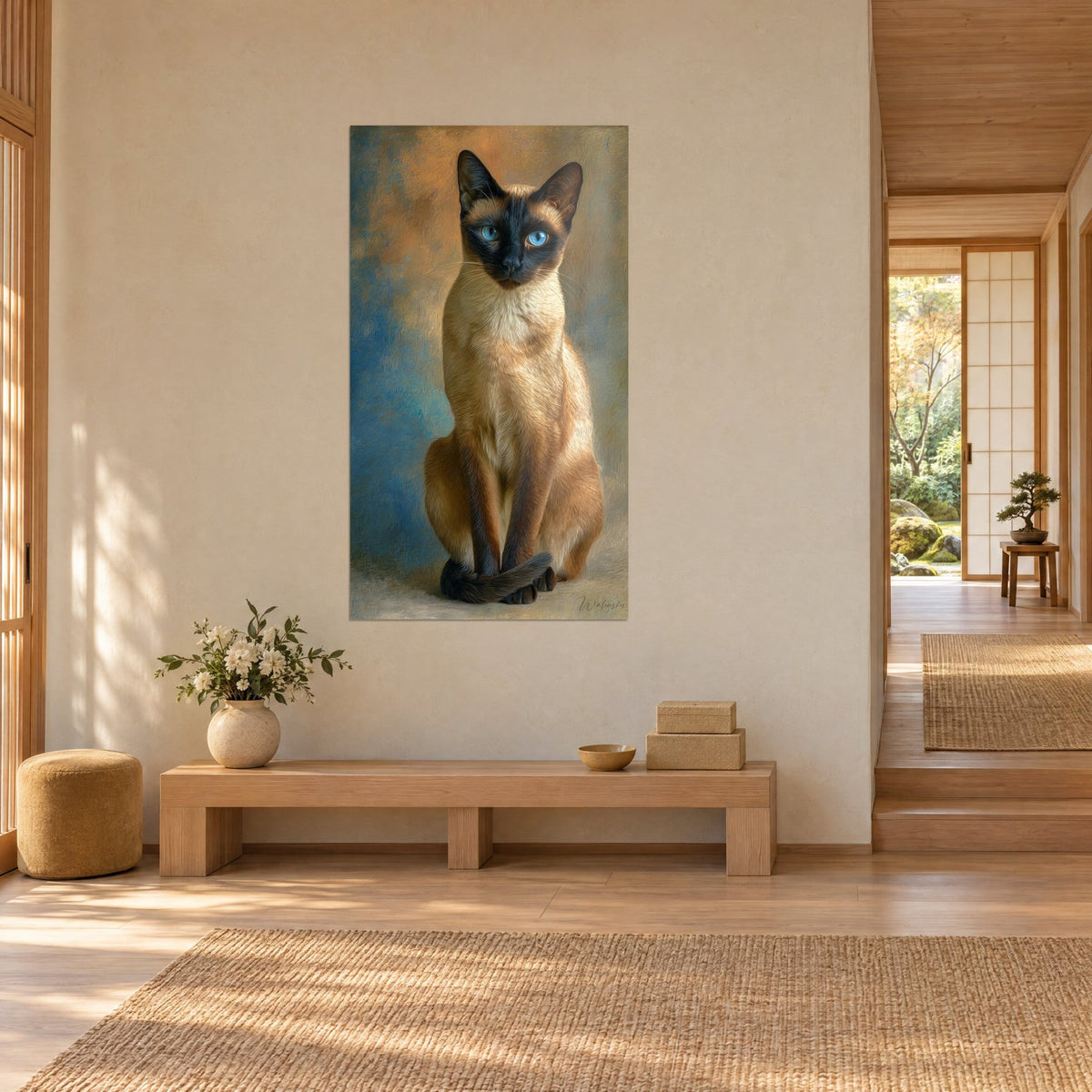 Tableau félin assis, queue croisée sur les pattes, fourrure miel et fond bleu turquoise, sur un mur crème près d'un banc en bois