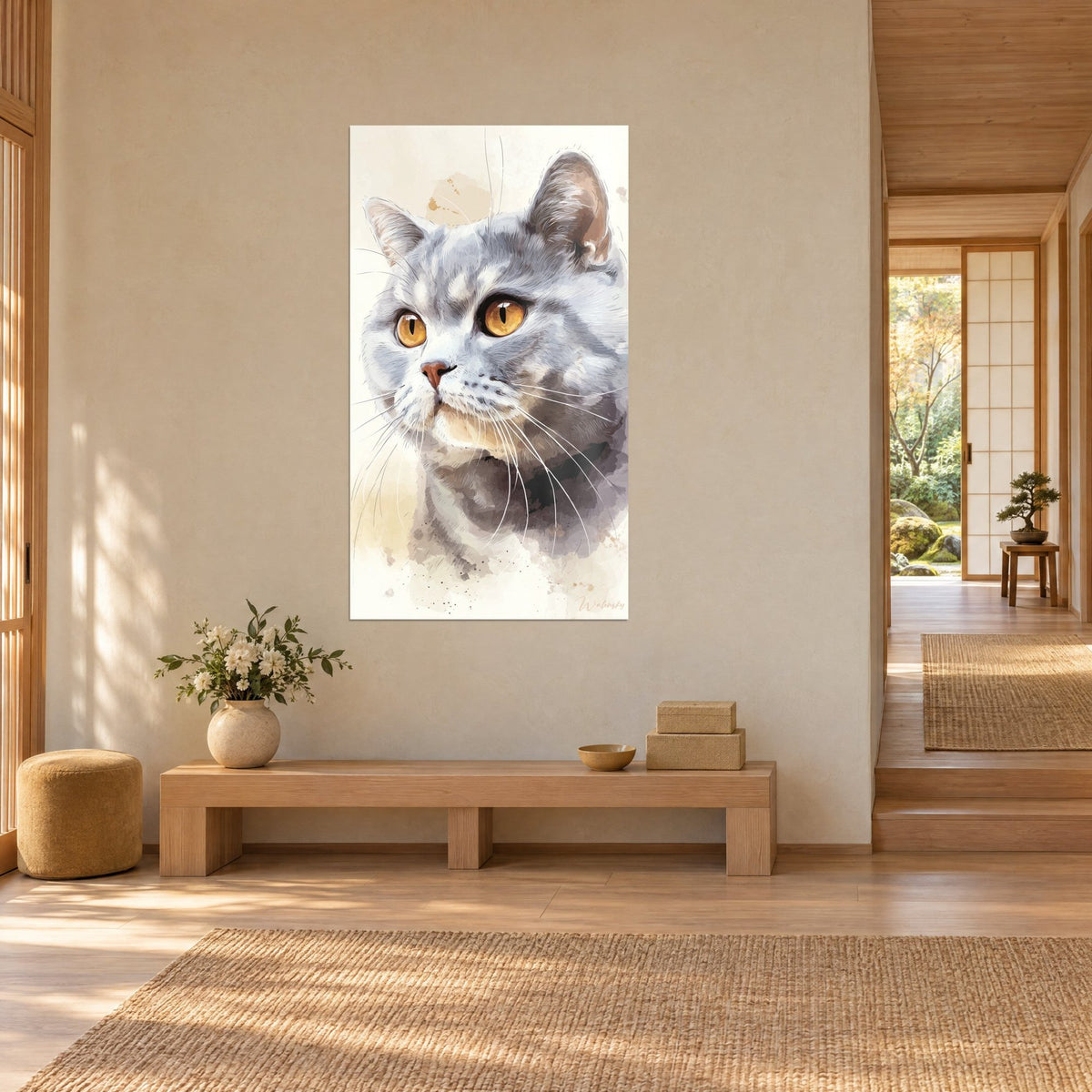Tableau British Shorthair en aquarelle grise, prunelles dorées et taches ocre, vue de trois-quarts, entrée japandi en bois clair