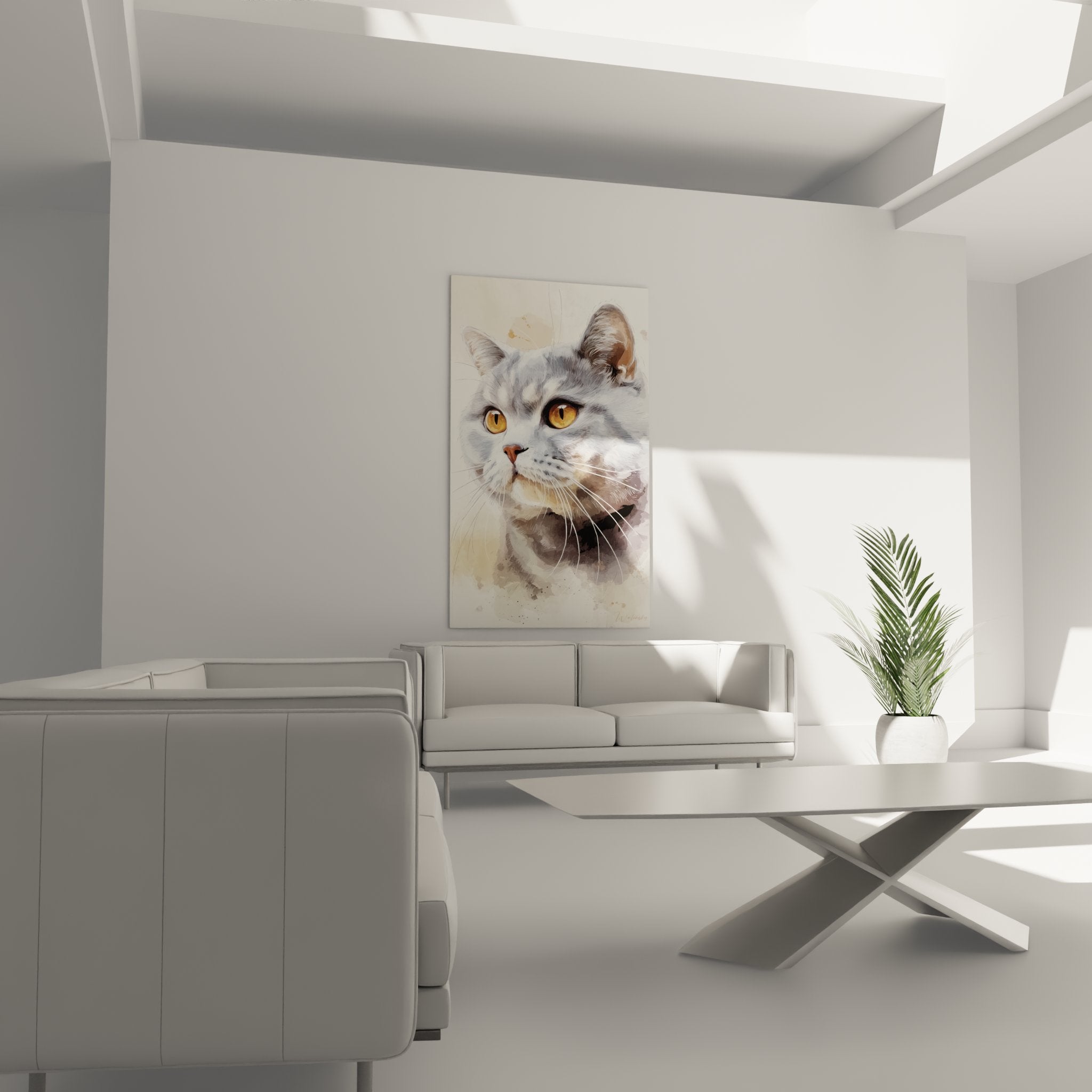 Gros plan tableau aquarelle British shorthair, détails yeux dorés et pelage gris, art mural haute qualité