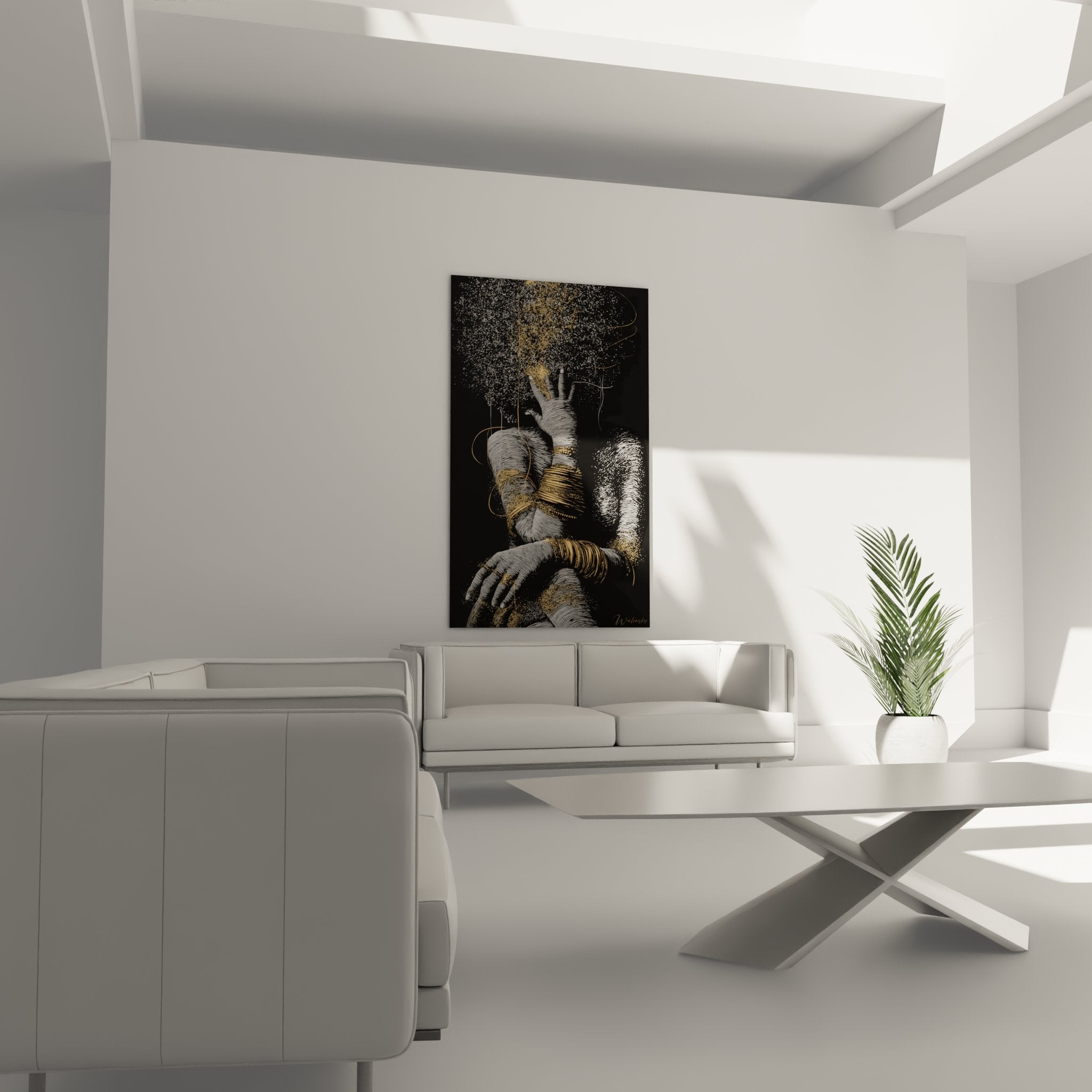 Dettaglio ravvicinato del quadro mani intrecciate che mostra le trame e gli accenti dorati artistici