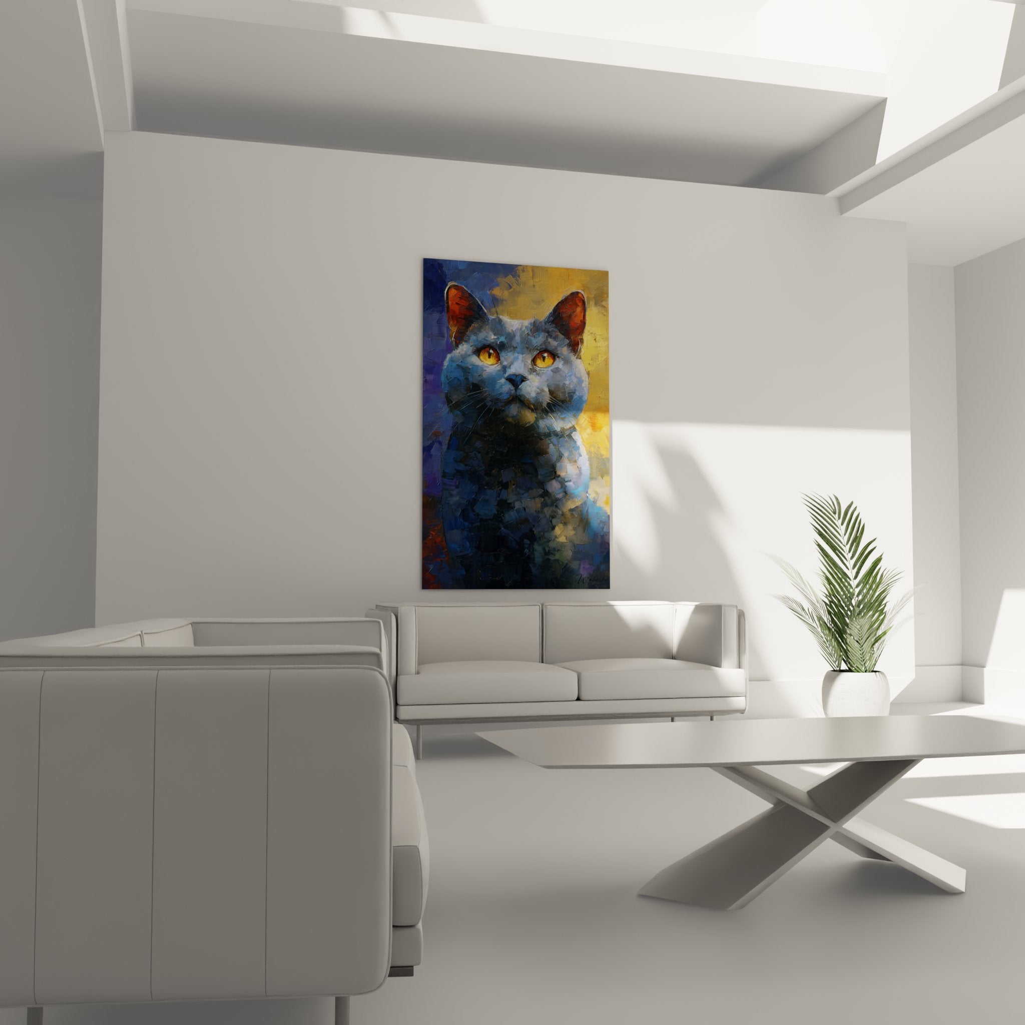 Détail peinture chat Chartreux, yeux dorés expressifs et technique picturale visible, art animalier moderne