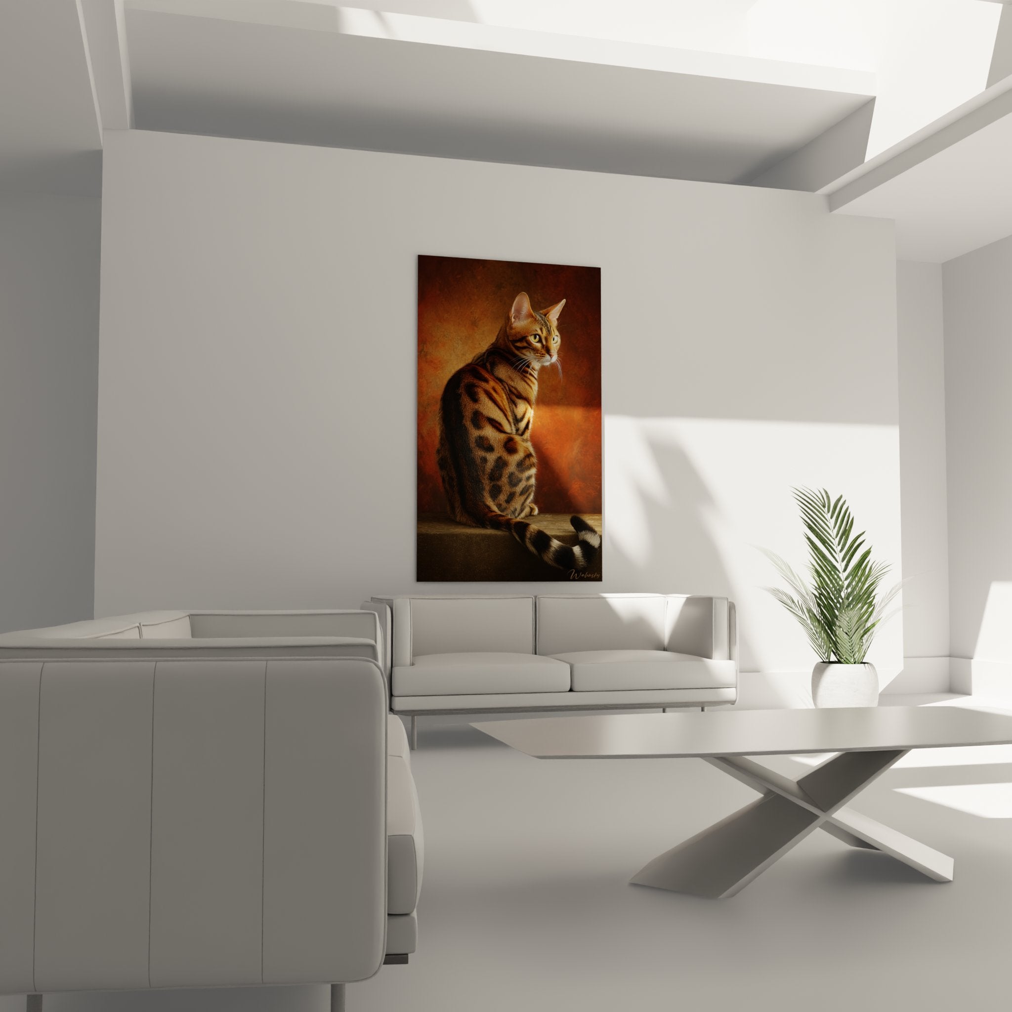 Detail of the Toyger cat painting showing the tiger stripes and piercing green eyes of the domestic animal
