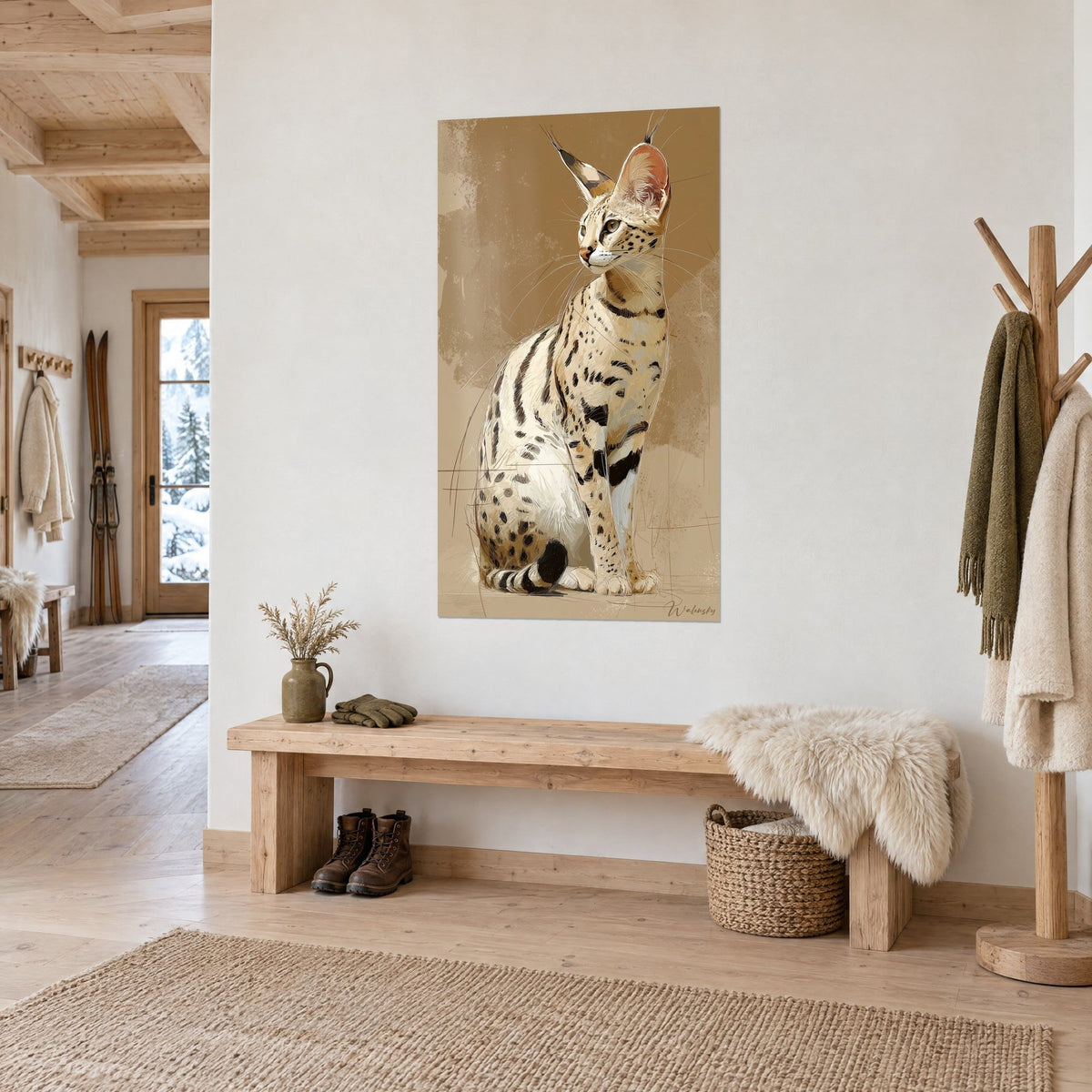Schilderij van een serval met grote puntige oren, ivoorkleurige vacht bespikkeld met ebbenhout op beige achtergrond, naast een bank van licht hout