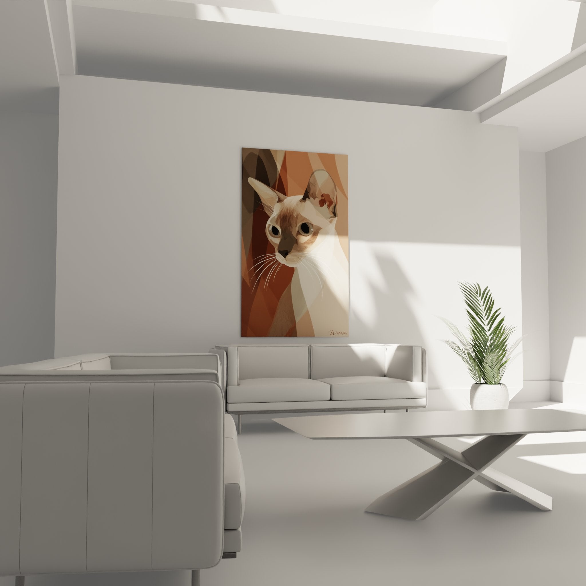 Detail portrait chat Singapura art geometrique polygonal yeux expressifs moustaches fines style moderne