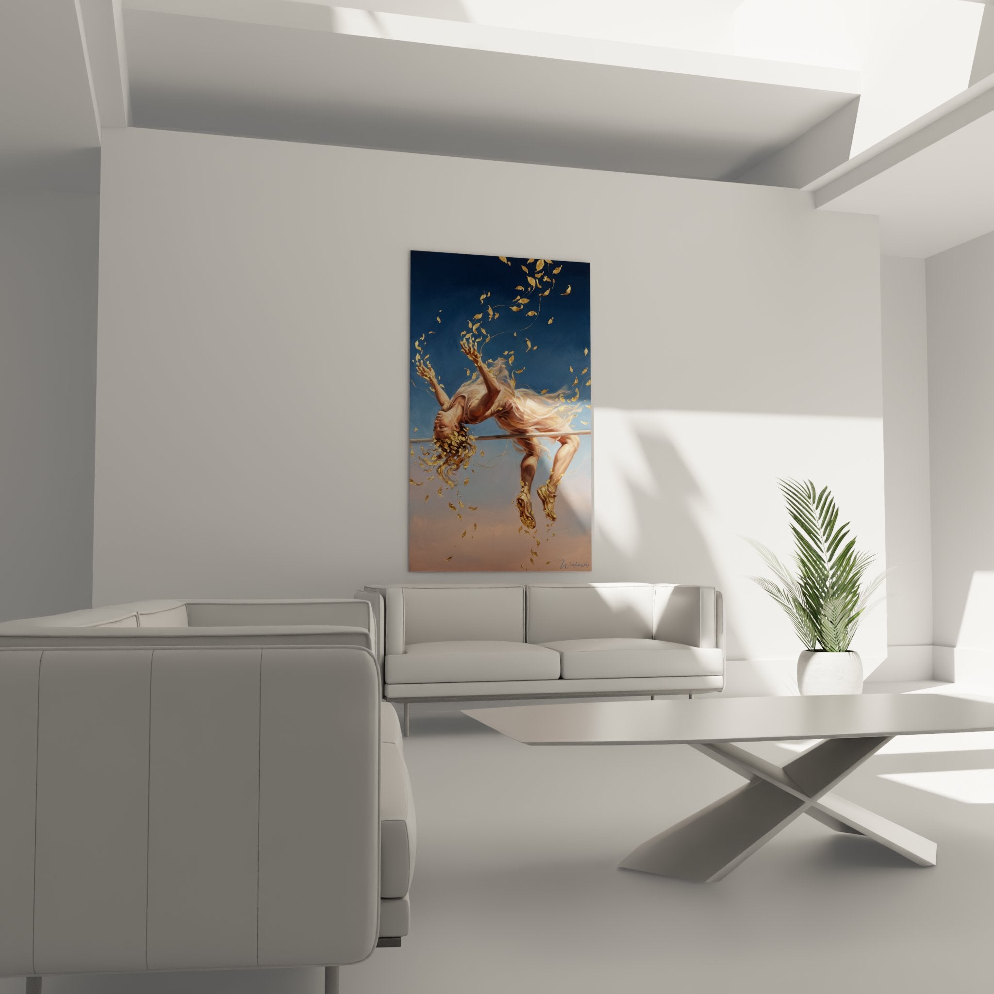 Détail rapproché tableau saut en hauteur, particules dorées et technique picturale raffinée