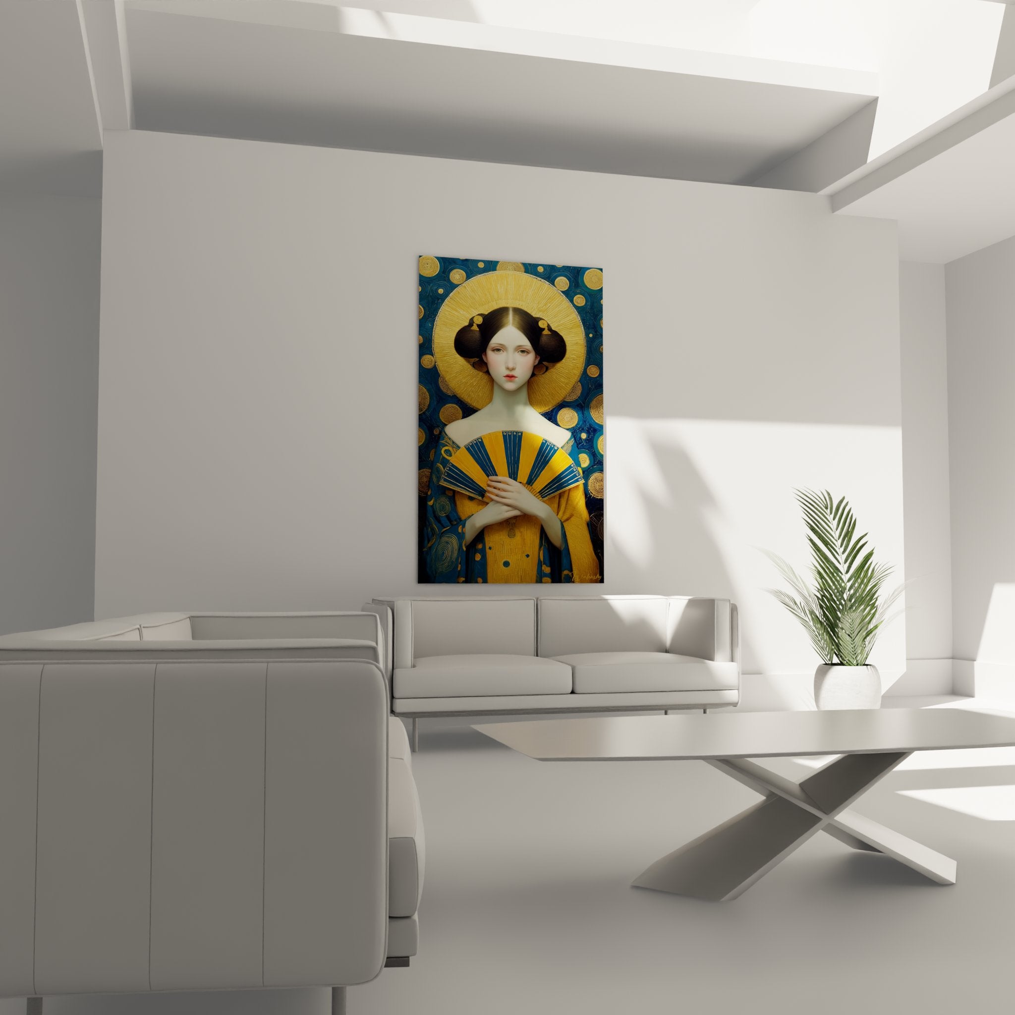 Female face detail and blue-gold fan, Art Deco style with radiant halo