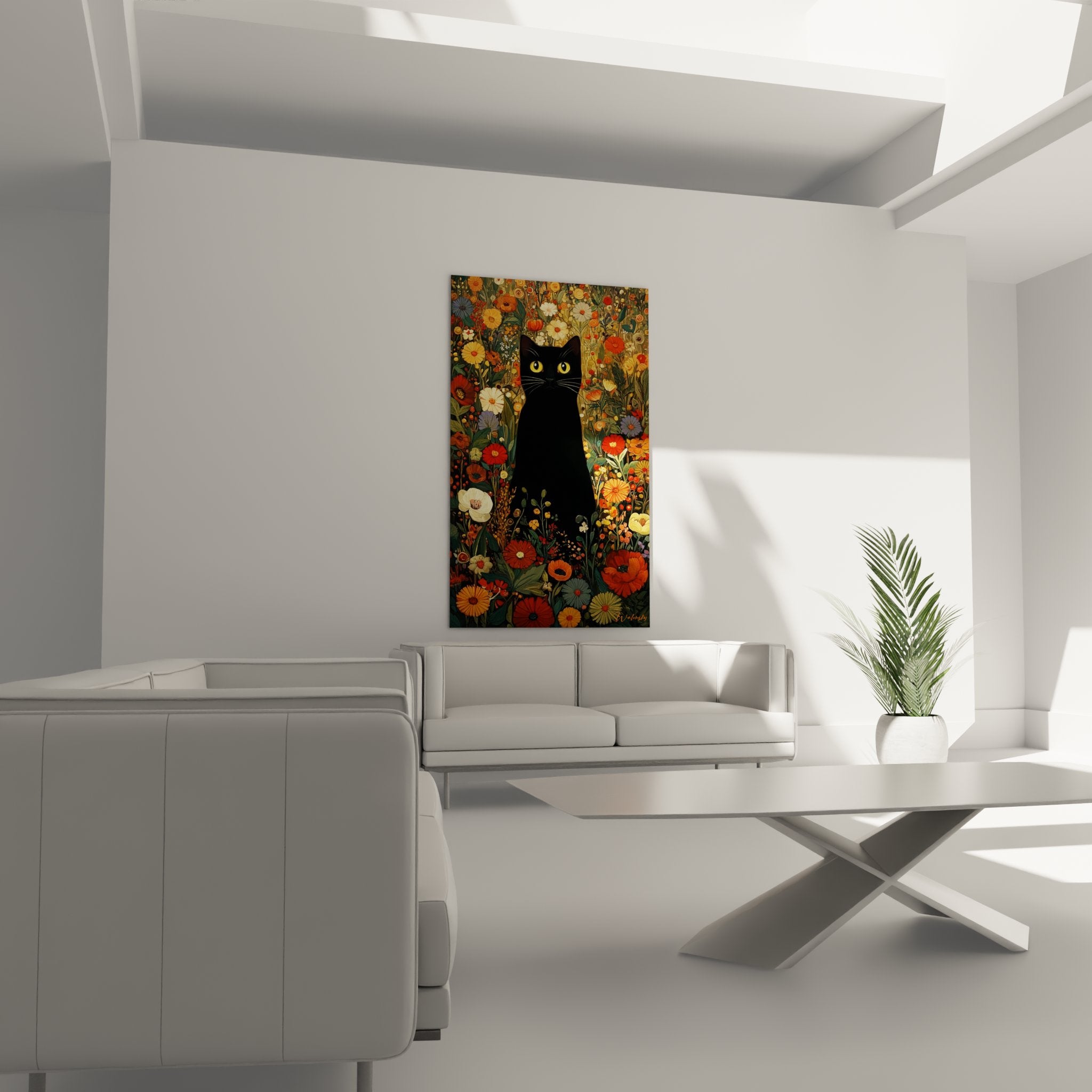 Dettaglio primo piano gatto nero occhi ambra dorati circondato da fiori colorati margherite papaveri cosmos