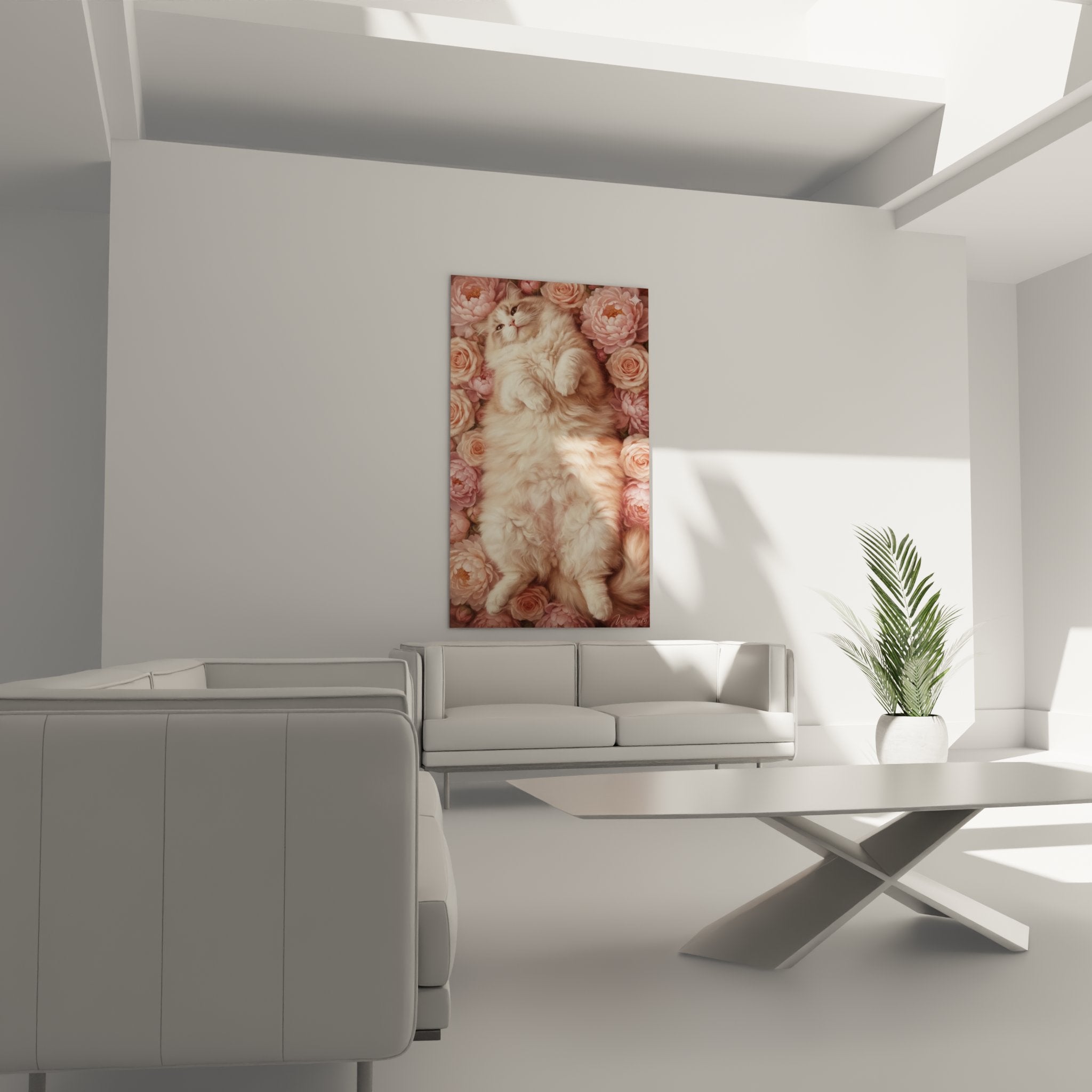 Dettaglio quadro gatto Ragamuffin con occhi blu circondato da rose e peonie rosa delicate