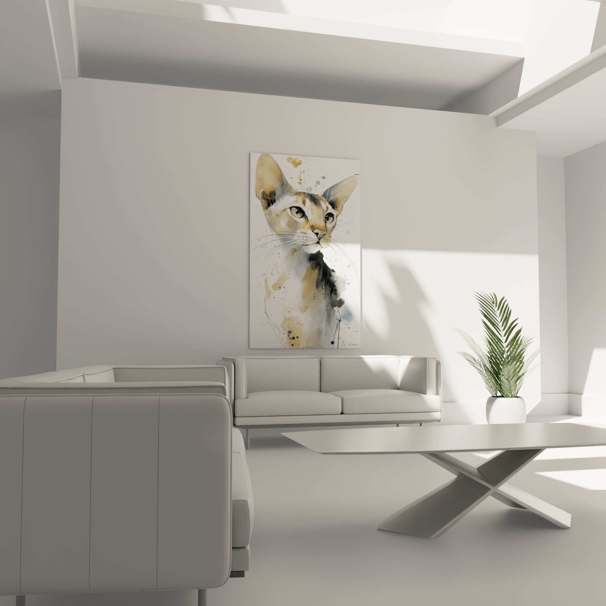 Detail portrait chat Singapura aquarelle, technique artistique moderne avec eclaboussures et traits precis