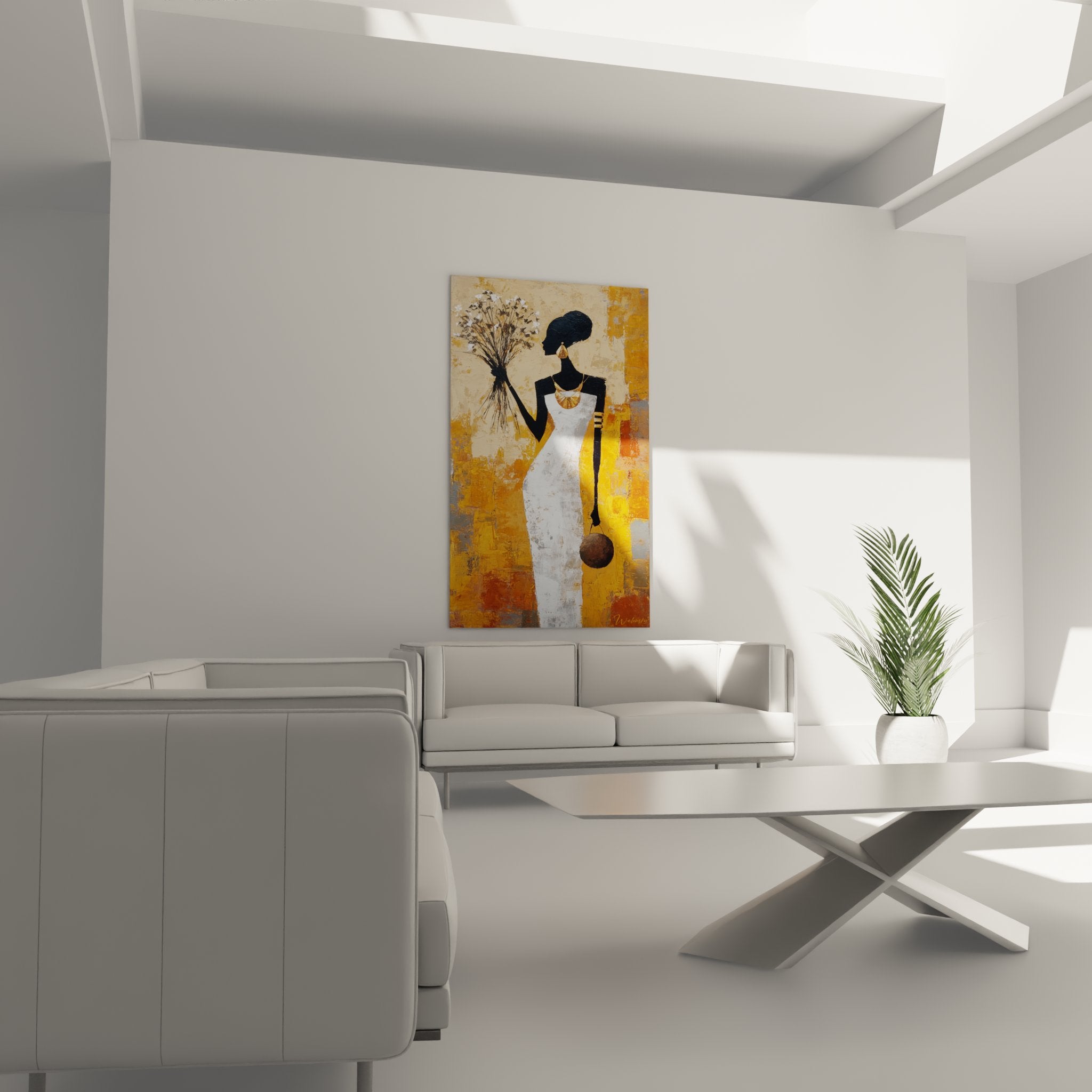 Detail African woman painting golden jewelry statement necklace bracelets wall art African culture