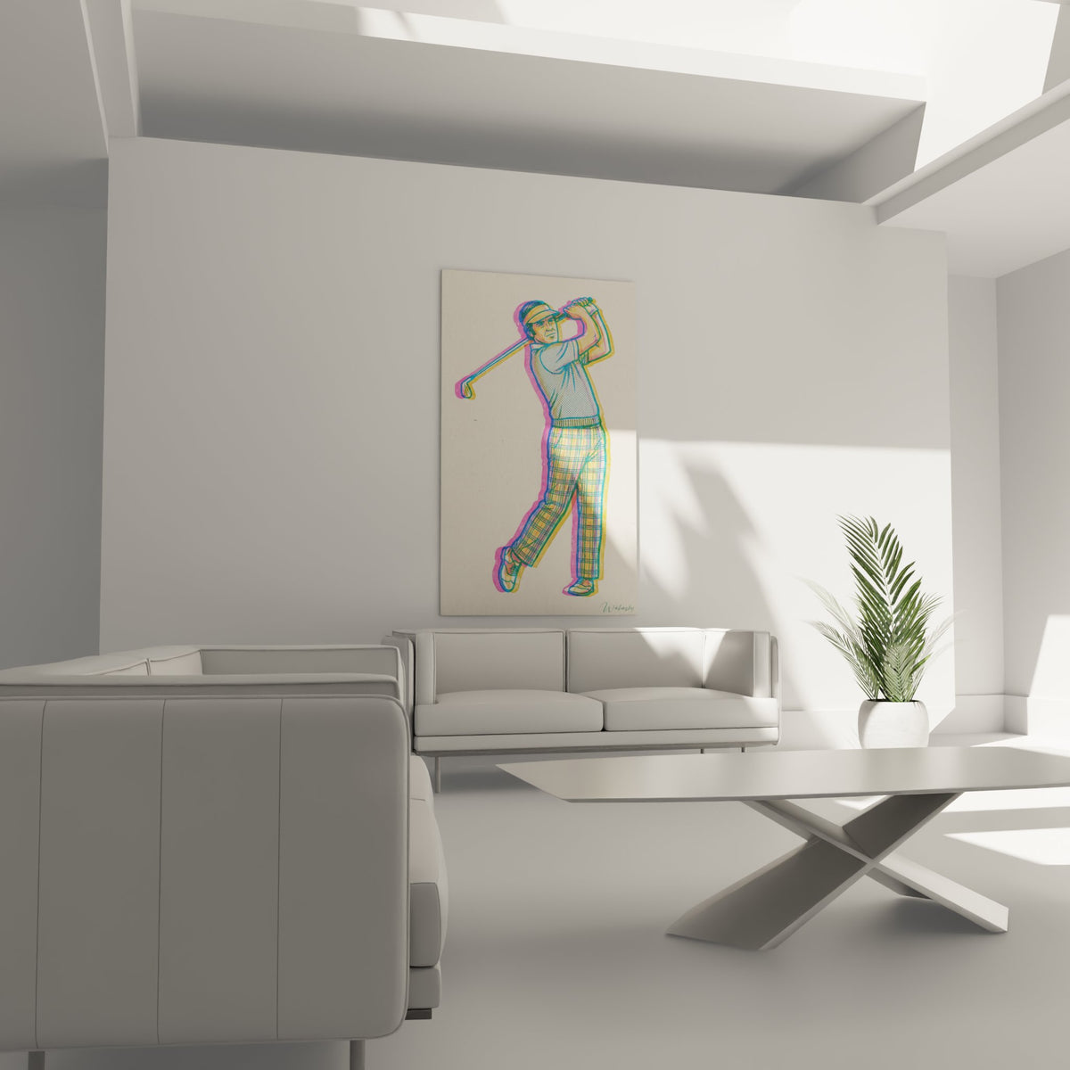 Détail tableau golfeur pop art montrant technique swing et tenue vintage à carreaux colorée