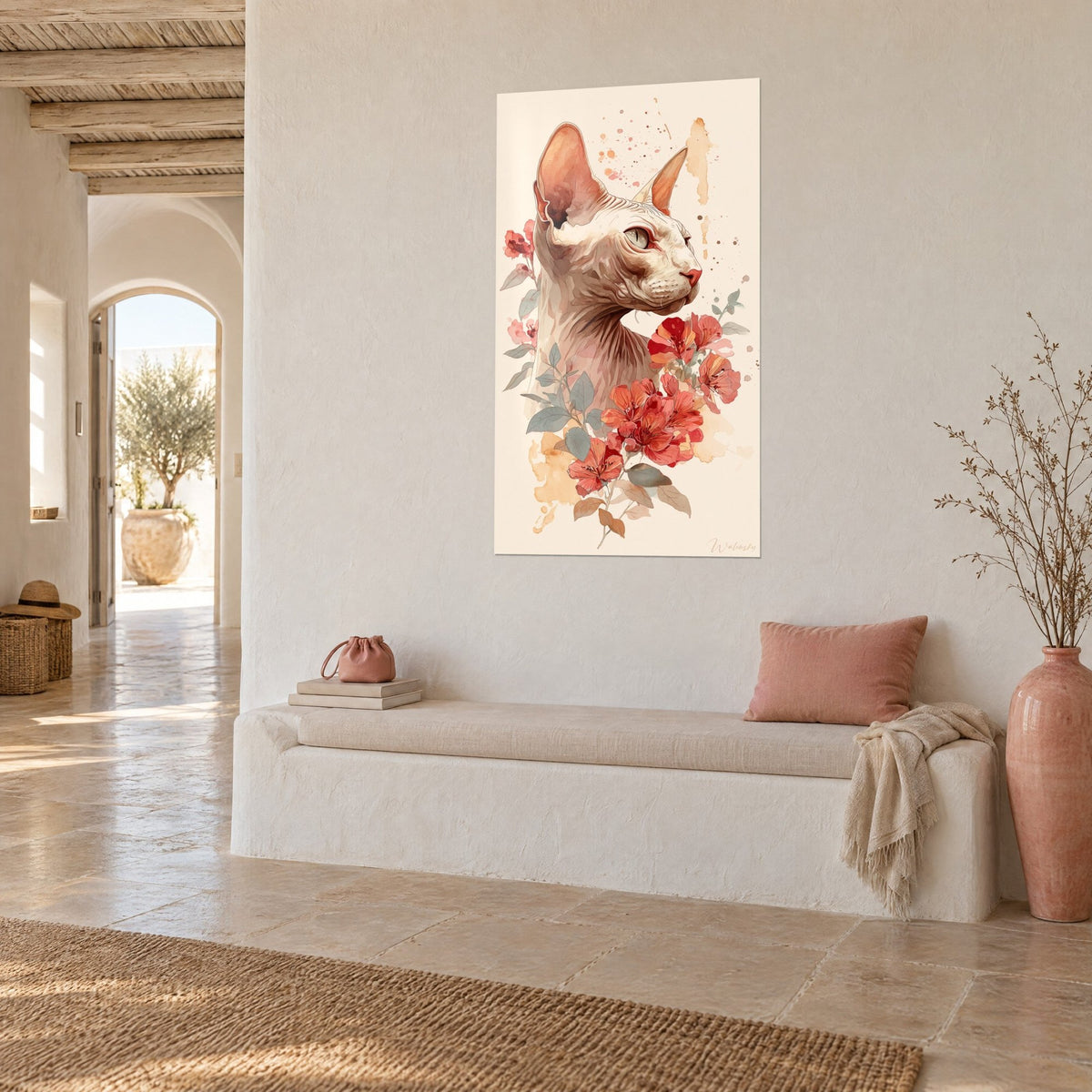 Wall art portrait of a hairless cat in profile surrounded by red alstroemeria and verdigris leaves, white wall of a Mediterranean house