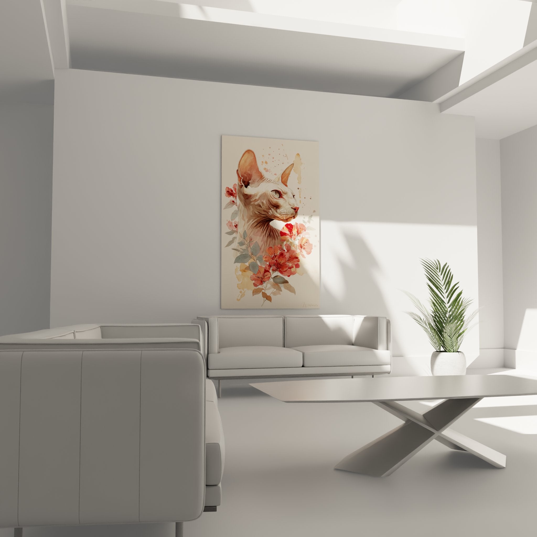 Dettaglio ritratto gatto sphynx con sguardo espressivo circondato da delicati fiori