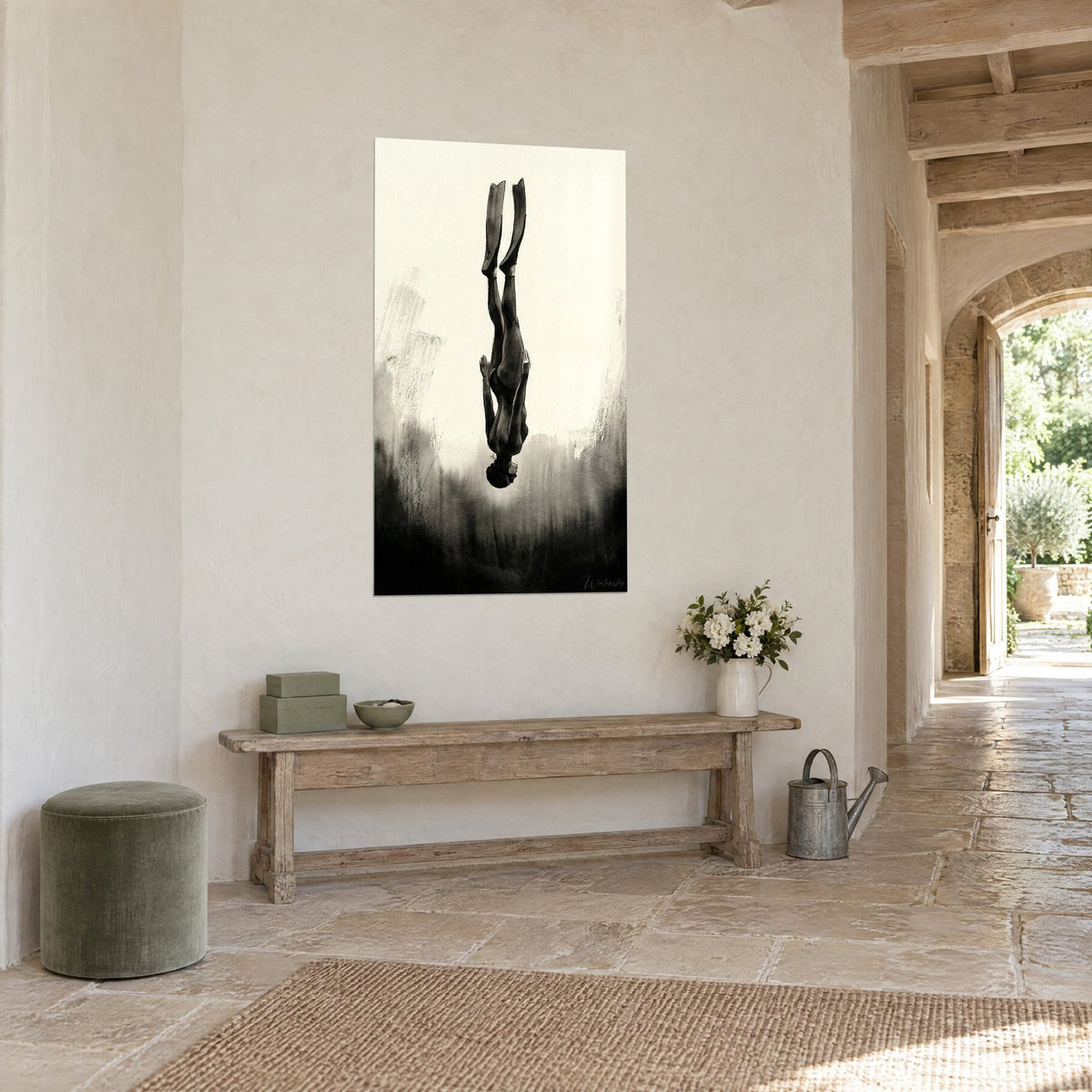 Wall art freediver plunging into the depths, black silhouette on ivory background, stone wall and wooden bench