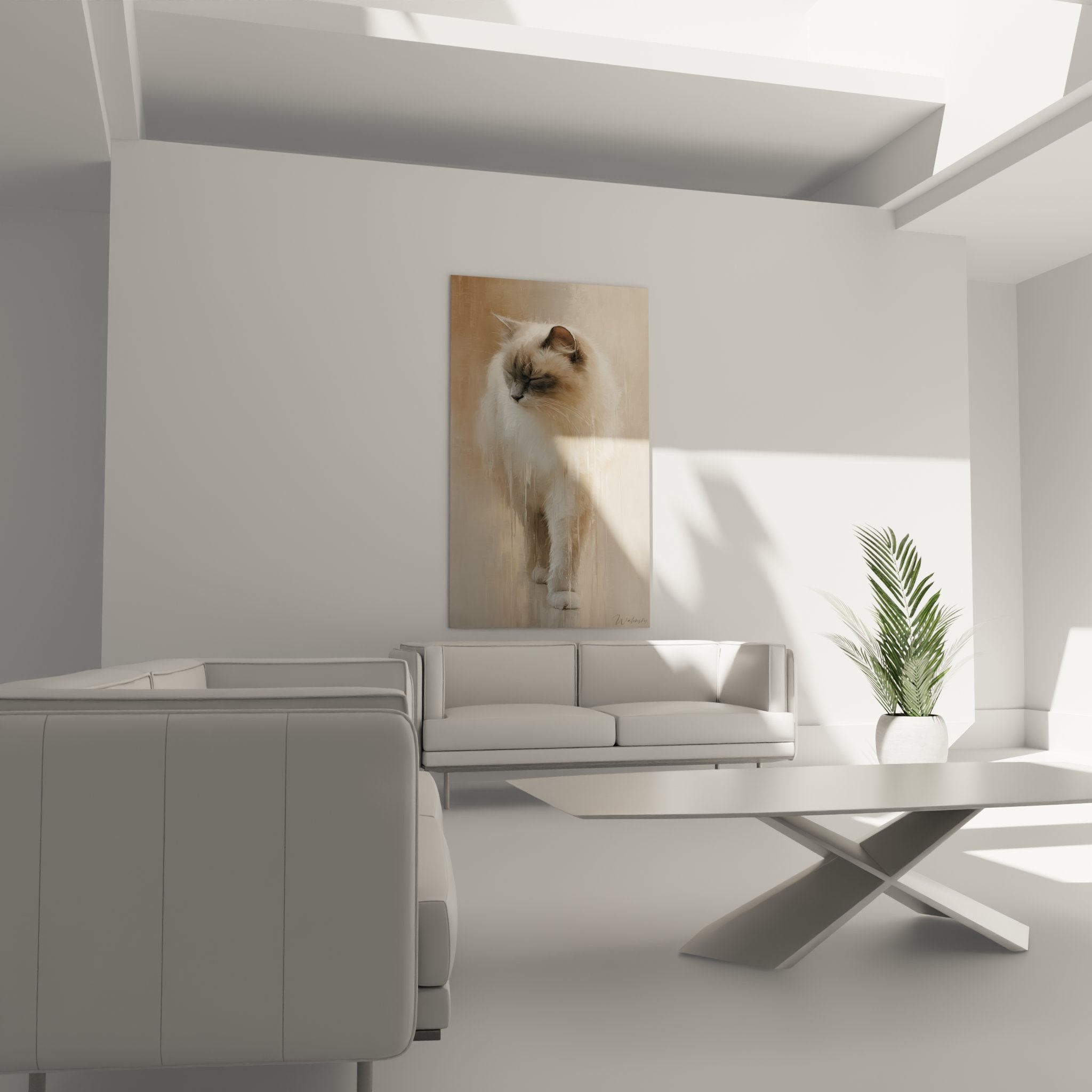 Dettaglio del quadro che mostra lo sguardo blu penetrante e il morbido mantello del gatto Ragdoll