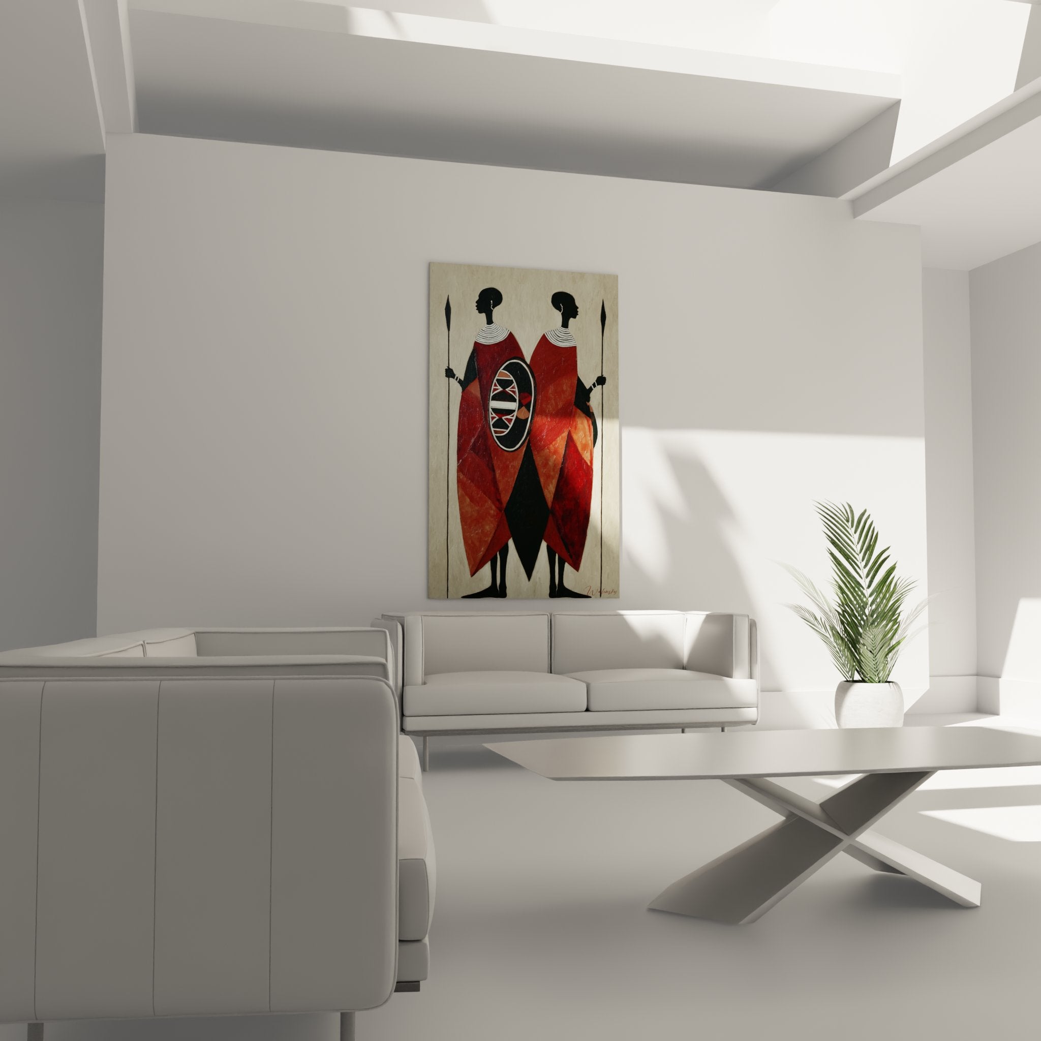 Dettaglio quadro masai che mostra motivi geometrici tradizionali su scudo e ornamenti di perle bianche