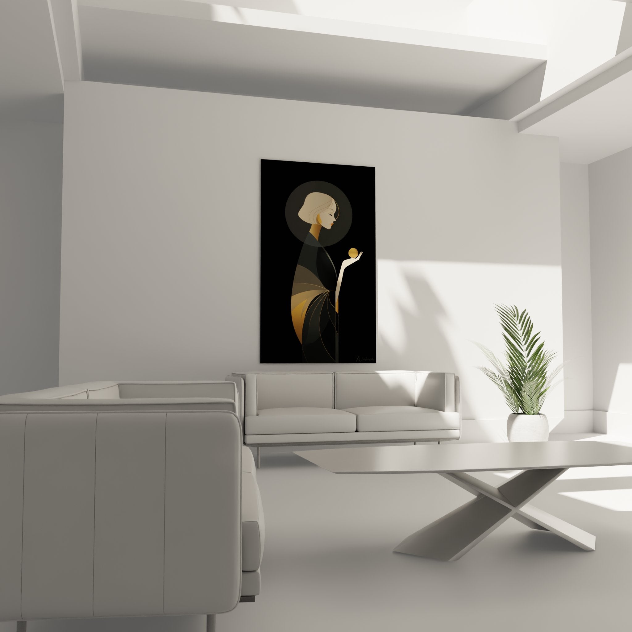 Detail of stylized feminine face and golden sphere from sophisticated art deco portrait artwork
