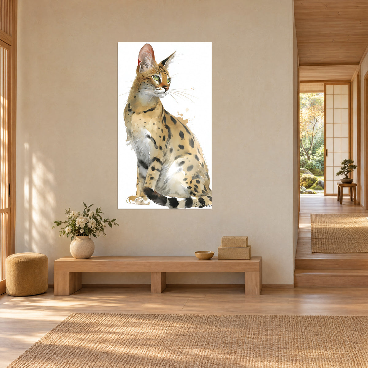 Gemälde sitzende getupfte Wildkatze, aufgestellte Ohren, honigfarbenes und schwarzes Fell auf weißem Hintergrund, beige Wand eines Japandi-Hauses