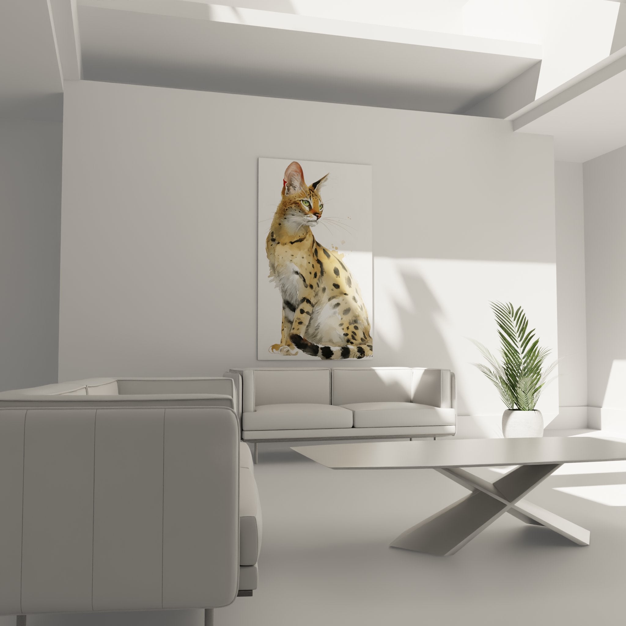 Détail aquarelle chat Savannah, taches noires pelage doré, technique pinceau fluide, art animalier raffiné