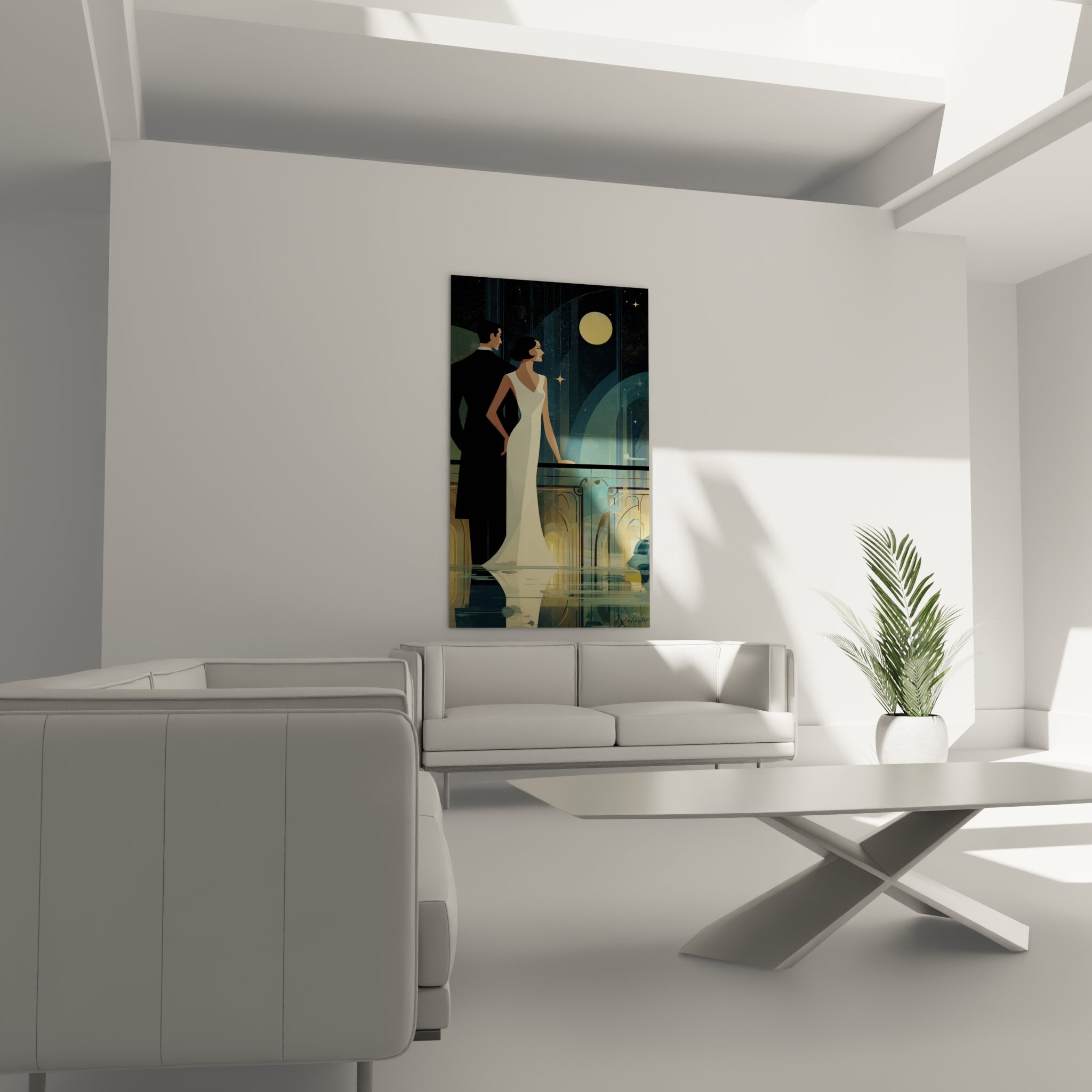 Dettaglio quadro art déco coppia smoking abito lungo balcone colonne architettura stile vintage romantico