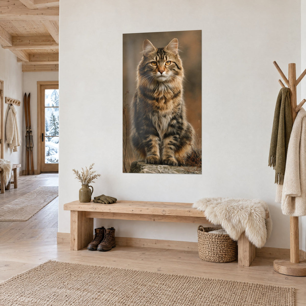 Wall art majestic cat seated on its rock, cream and black striped coat, hung near a light wood chalet bench