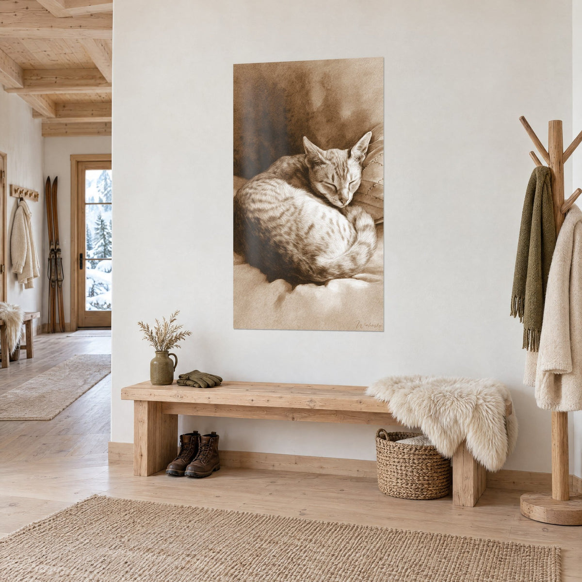 Wall art sleeping tabby cat on an embroidered cushion, caramel and ivory tones, chalet entrance in light wood