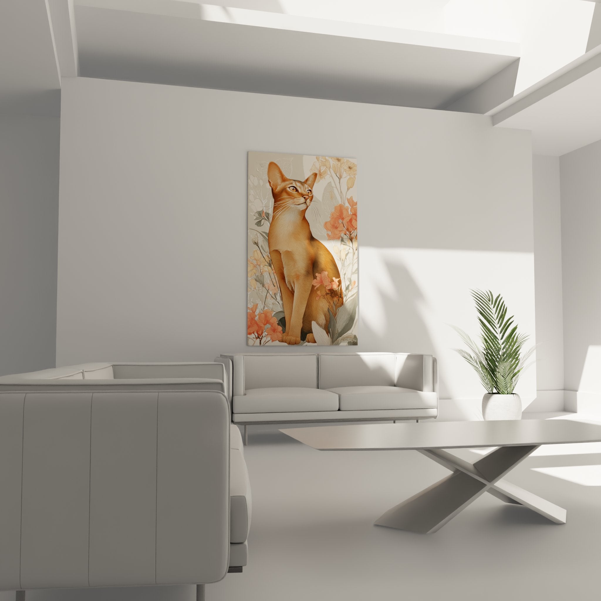 Dettaglio ravvicinato quadro gatto Abissino con occhi dorati, manto ramato e texture realistiche, arte murale di qualità