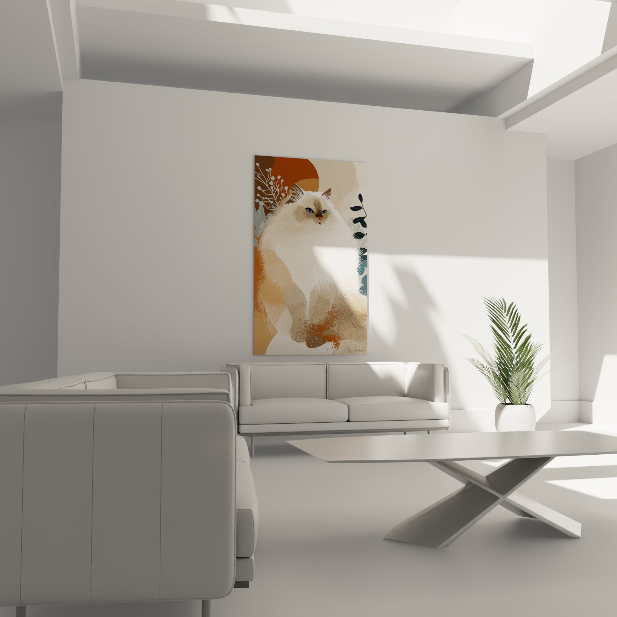 Gros plan tableau chat Sibérien pelage blanc crème yeux bleus perçants art mural détaillé