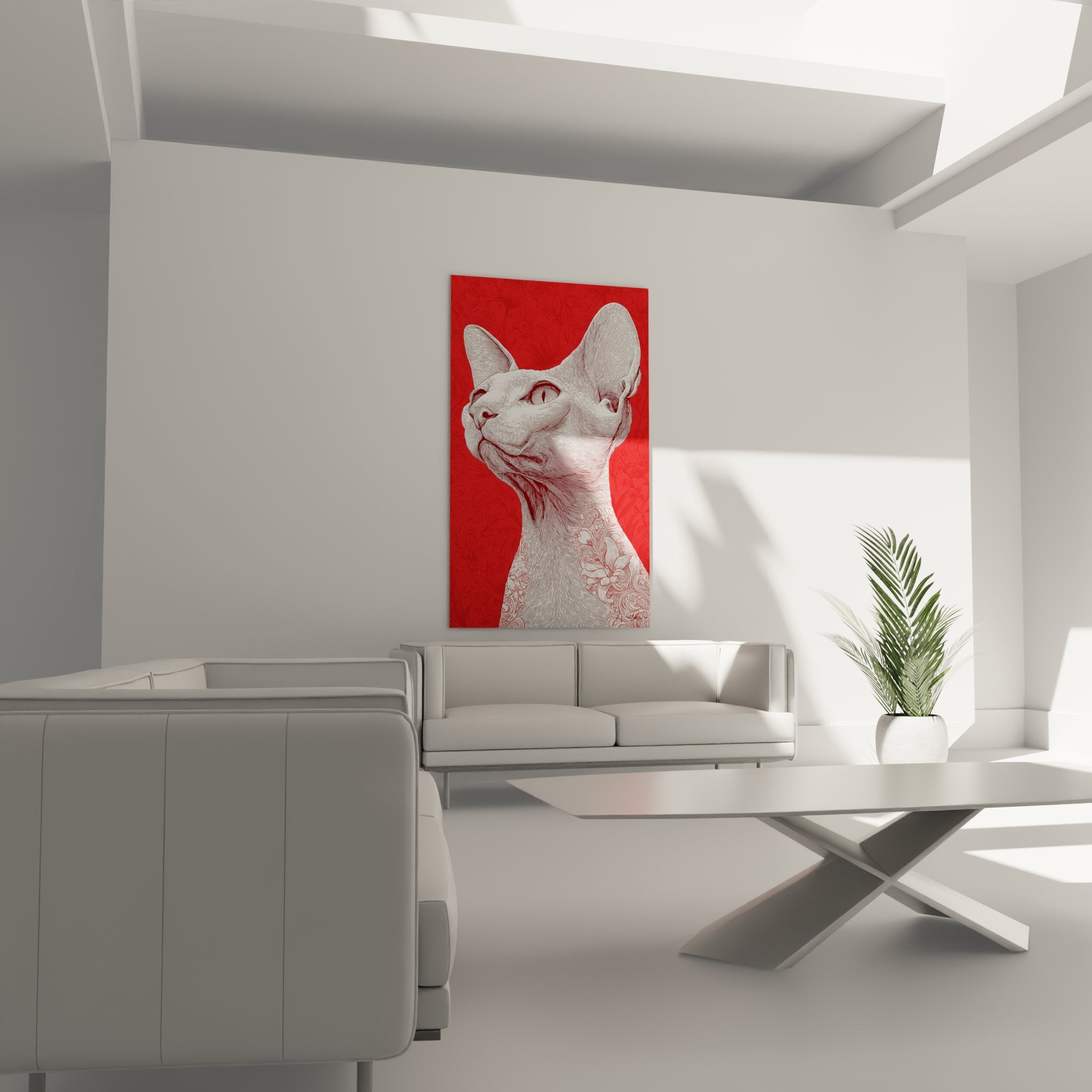 Dettaglio ritratto gatto Cornish Rex, illustrazione fine stile incisione su sfondo rosso con motivi delicati