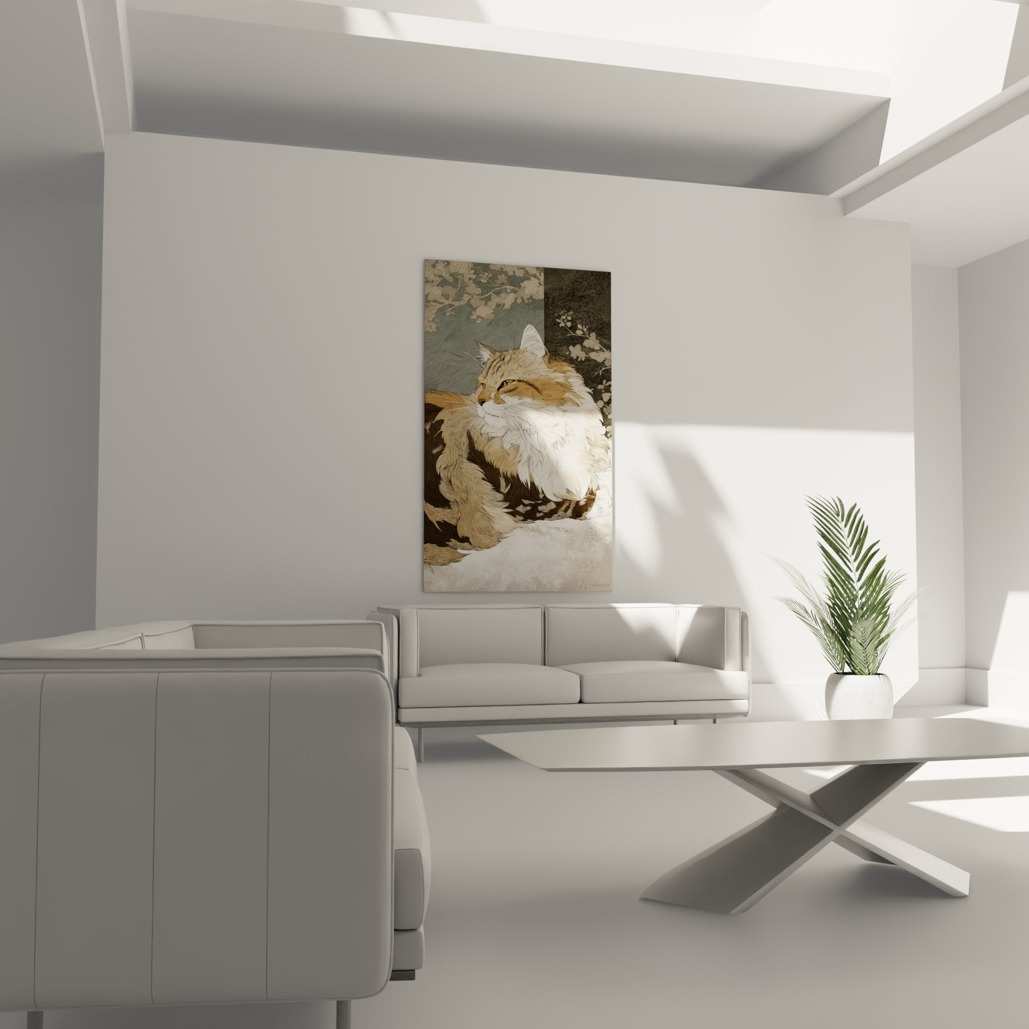 Close-up of Siberian cat artwork showing the details of the red and white fur and the animal's serene expression