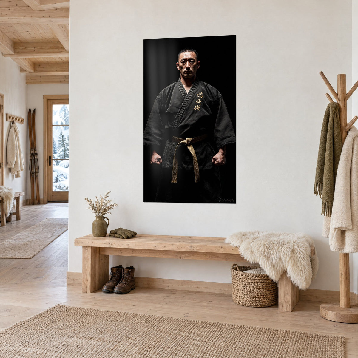 Quadro maestro di karate in kimono d'ebano, cintura beige annodata e caratteri dorati ricamati, accanto a una panca in legno chiaro