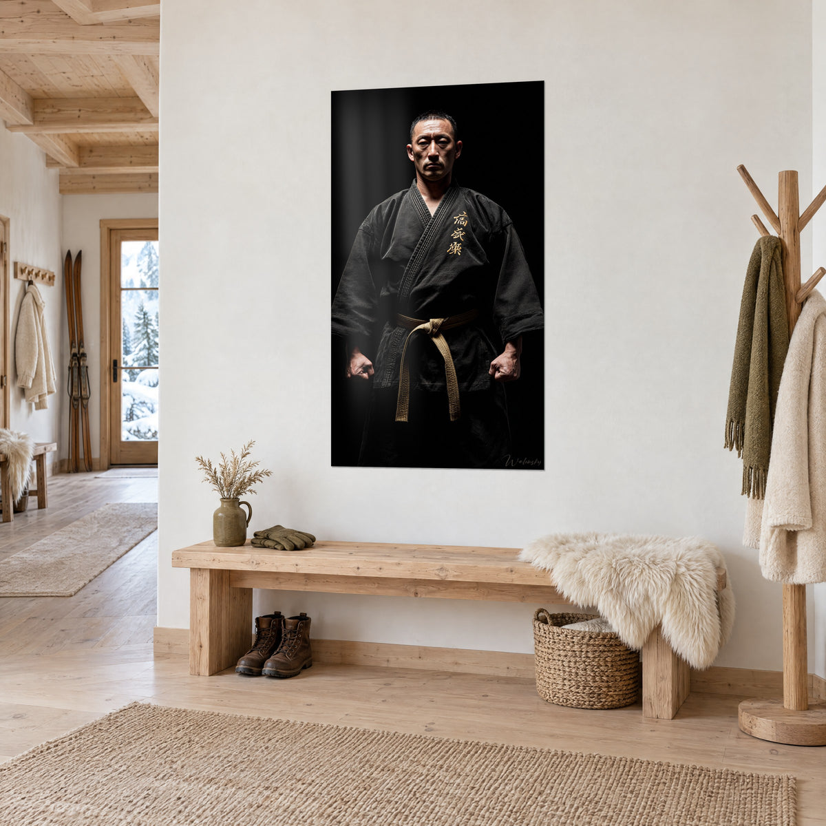 Schilderij karatemeester in ebbenhouten kimono, beige geknoopte gordel en geborduurde gouden karakters, naast een bank van licht hout