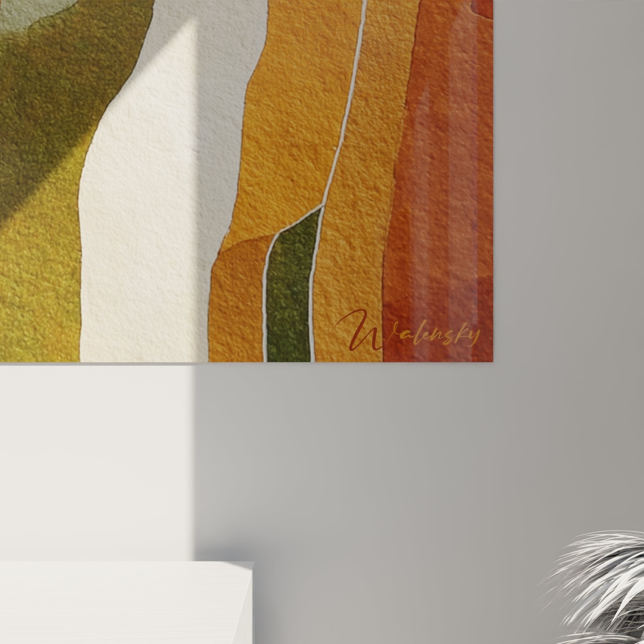 Overview of wall art with African wavy patterns on white wall, modern decorative art